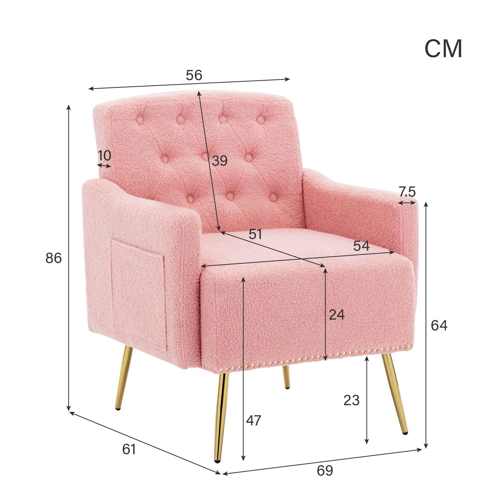 OKWISH Sessel Relaxsessel, Relaxstuhl, goldene Metallbeine, Teddy-Samt-Stuhl (Wohnzimmerstuhl, bequemer Sessel, geeignet zum Lesen oder Entspannen, Wohnzimmerstuhl, bequemer Sessel), mit Reißverschluss-Design