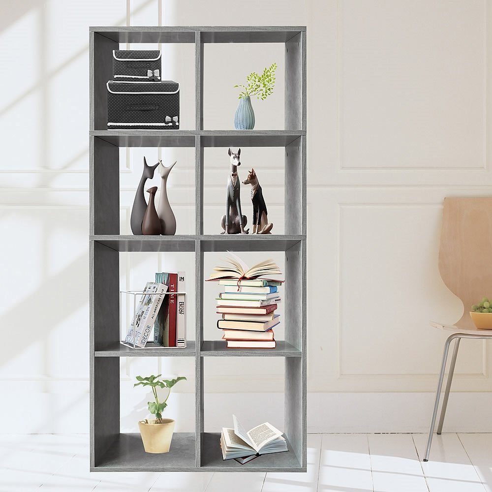 Melko Raumteilerregal Holzregal Raumtrenner in Betongrau mit 8 Fächer Bücherschrank Regalwand Kinderregal, Stück, Melaminbeschichtet