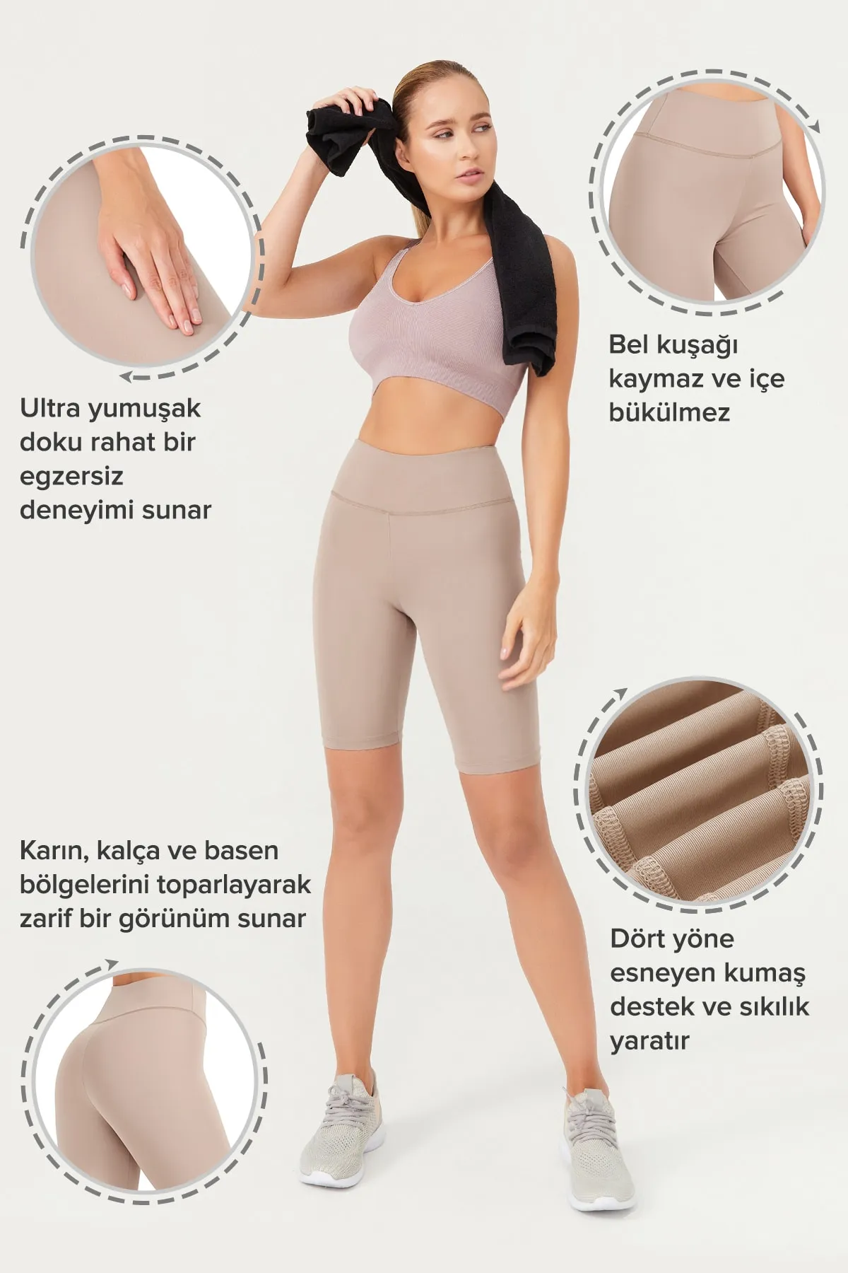 LOS OJOS  Beigefarbene, lockere Radlerhose mit hoher Taille für Damen, kurze Sportstrumpfhose, Biker-Basics