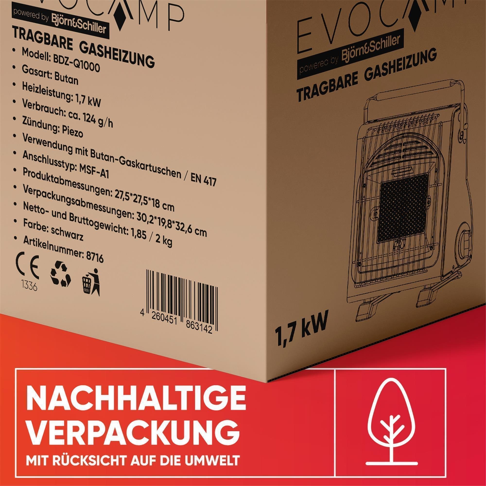 EVOCAMP Gaskocher und Gasheizung 2-in-1 tragbar, 1,7 kW, für Camping ohne Strom, ohne Gaskartuschen und Tragetasche