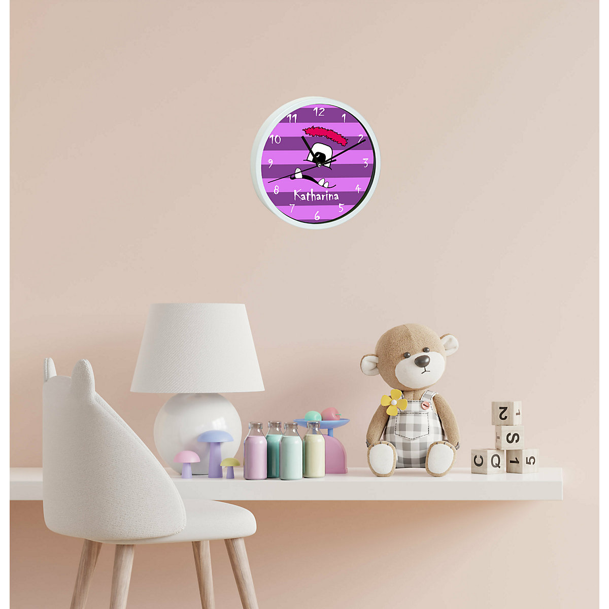 Kinder Wanduhr laufruhig personalisiert mit Name Monster Streifen lila