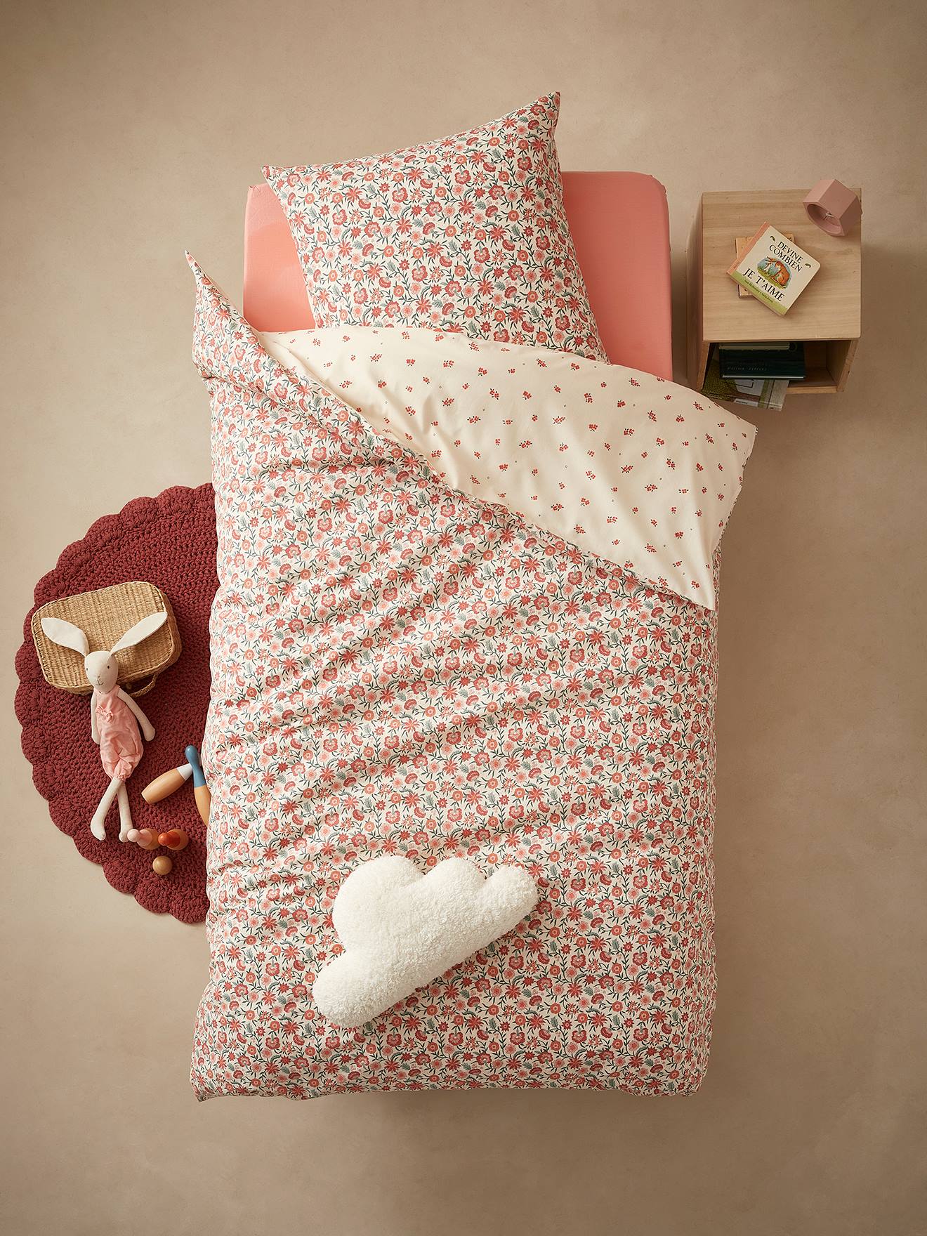 Parure housse de couette + taie d'oreiller enfant GIPSY beige / multicolore