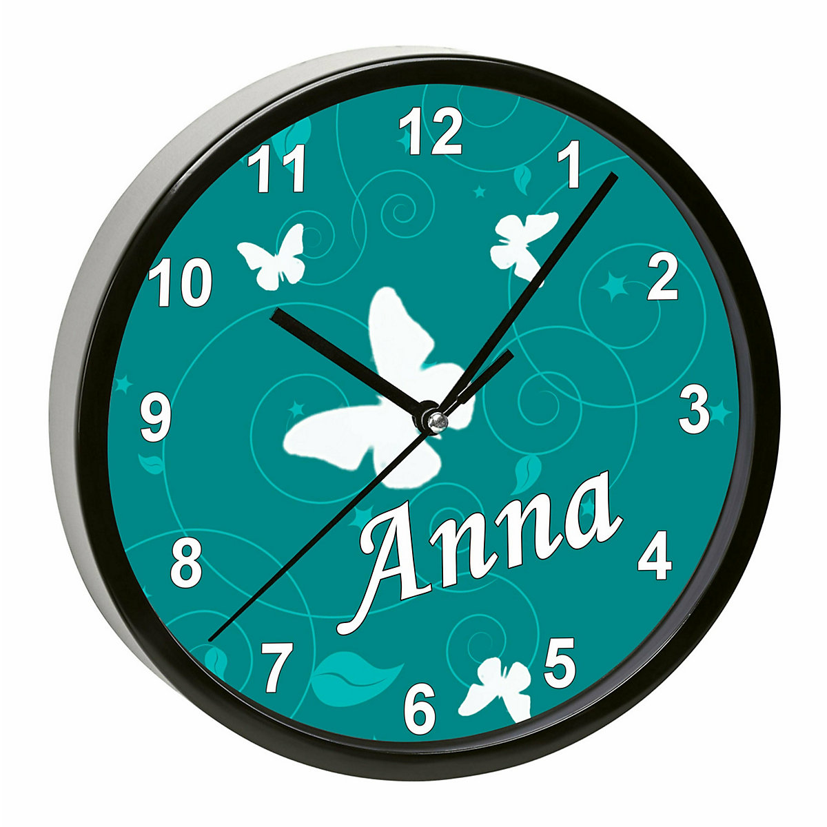 Kinder Wanduhr personalisiert mit Name Schmetterling Petrol