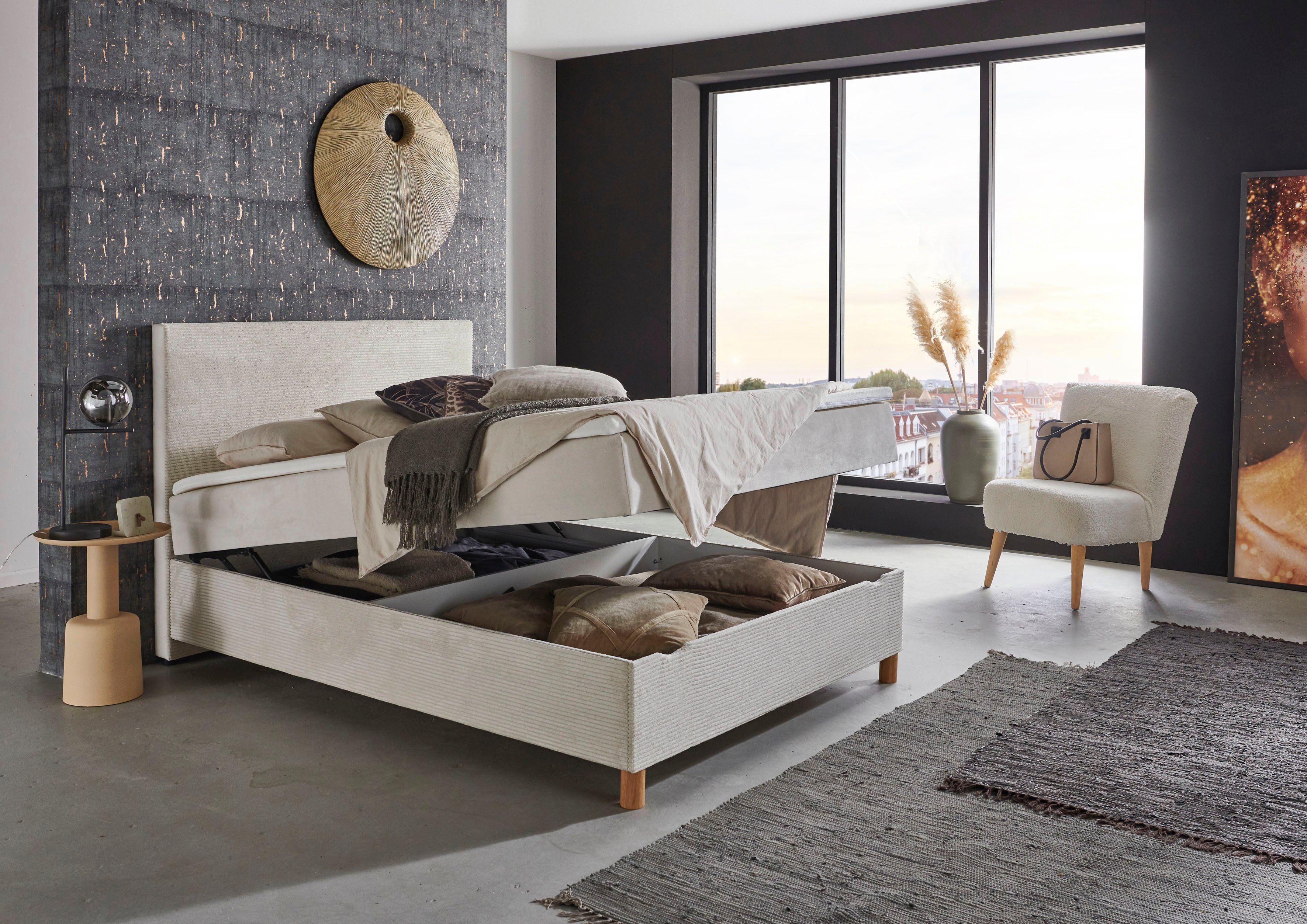 meise.möbel Boxbett Korsika, mit Bettkasten und Topper, Bezug aus einem Stoff- und Cordmix