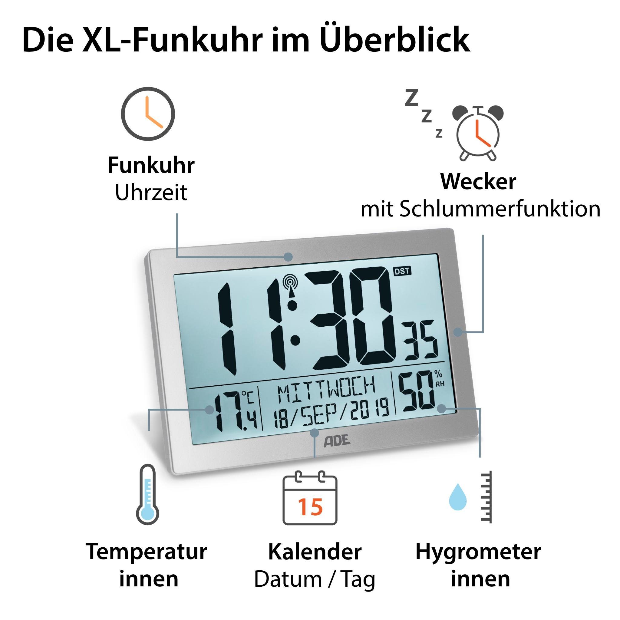 ADE Funktischuhr Digitale extragroße Wand- oder Tischuhr mit Beleuchtung mit Temperaturanzeige und Luftfeuchtigkeit, ideal für Senioren