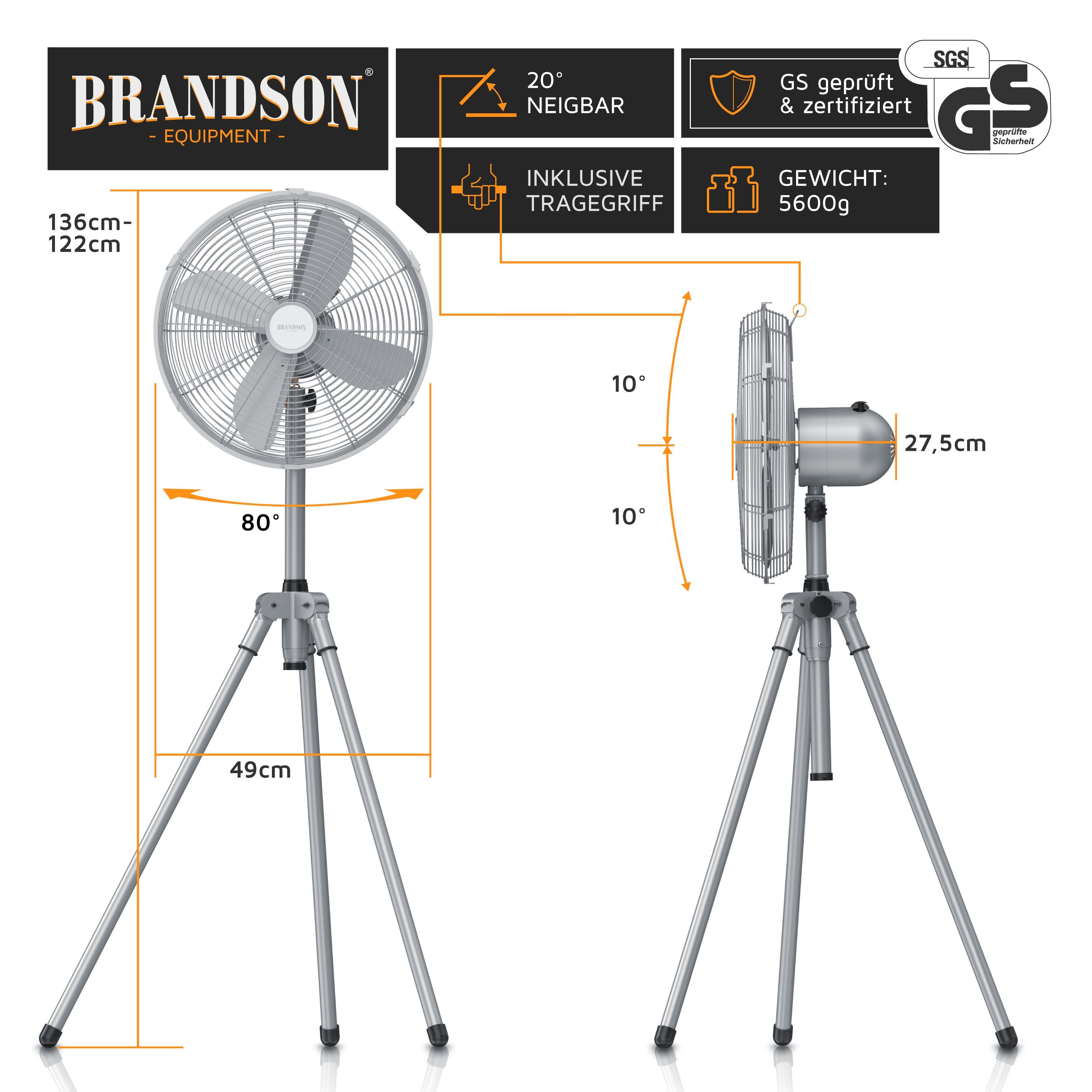 Brandson Standventilator, 49 cm Durchmesser, 60W Lüfter, Dreibeinstativ, Metallgehäuse, Tripod Ventilator, Silber