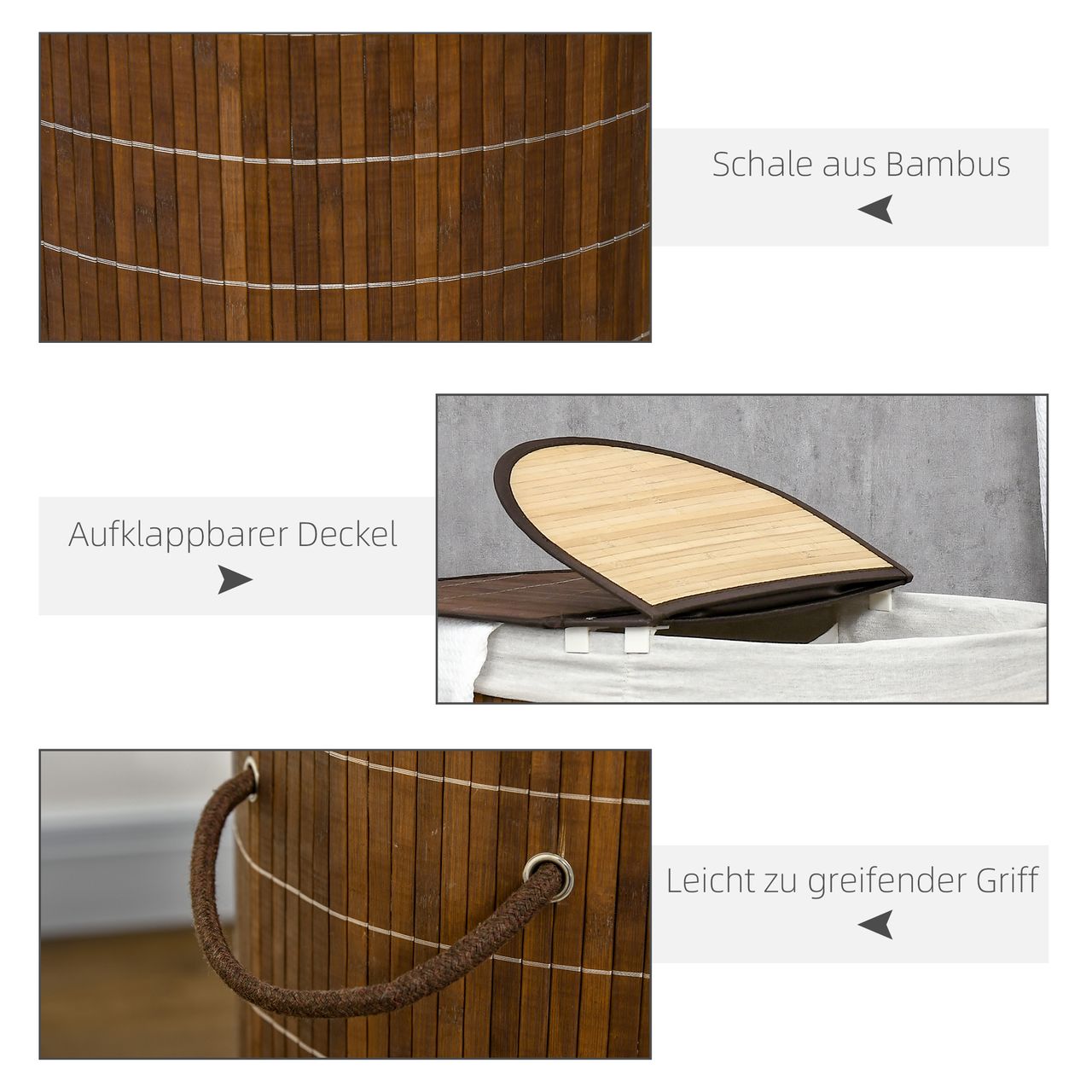 HOMCOM Wäschekorb Wäschebox 100L Wäschesammler mit Deckel, 2 Wäschesäcken, Braun