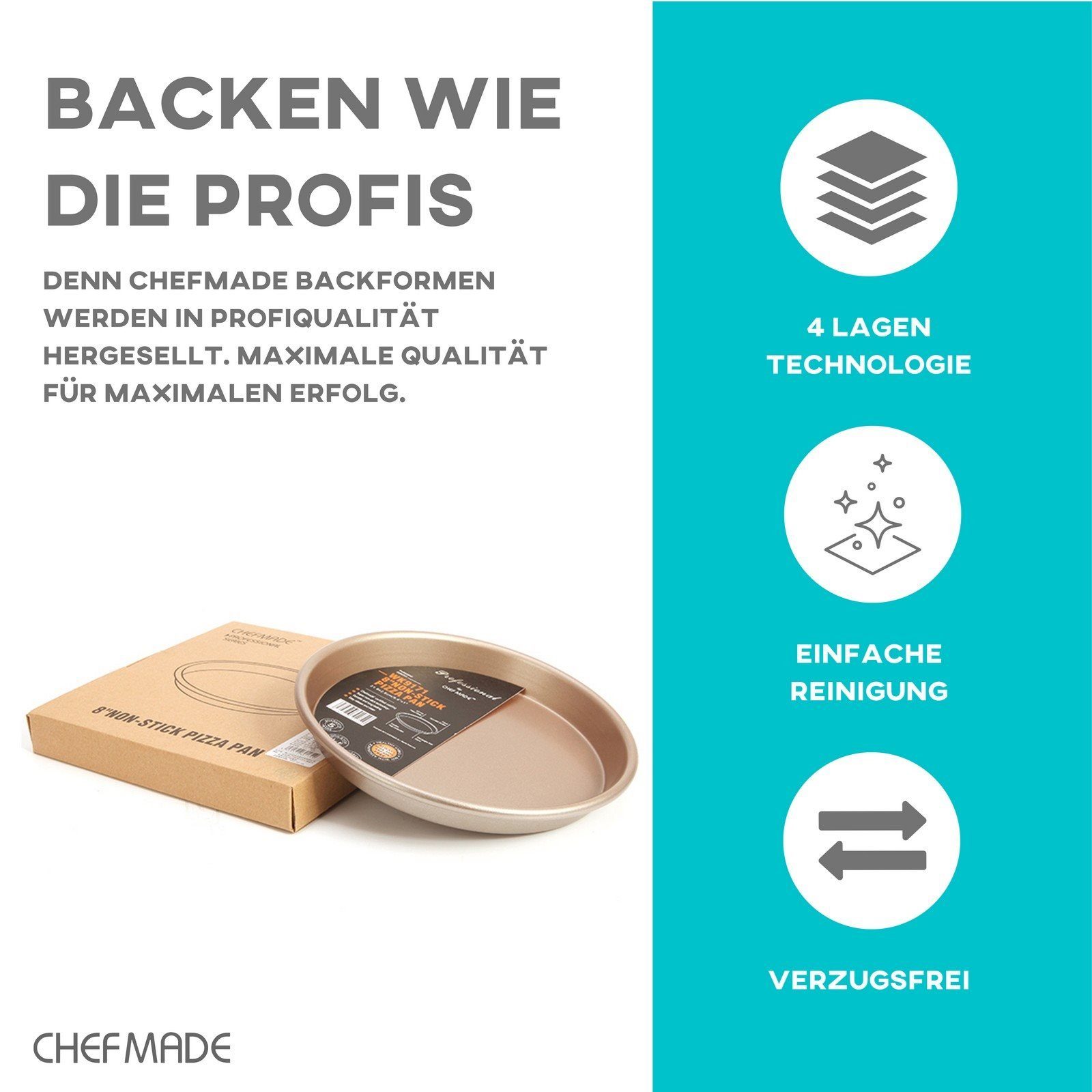 Chefmade Pizzablech Backblech, Karbonstahl, (CHEFMADE, 18cm Pizzablech rund, 194x25mm, Champagnergold, antihaft- & silikonbeschichtet, Pizzaform, Kuchenblech, Tarteform, Quicheform, Ofenblech, Karbonstahl, 1-St., Premium), Pizzablech - Pizzablech Run