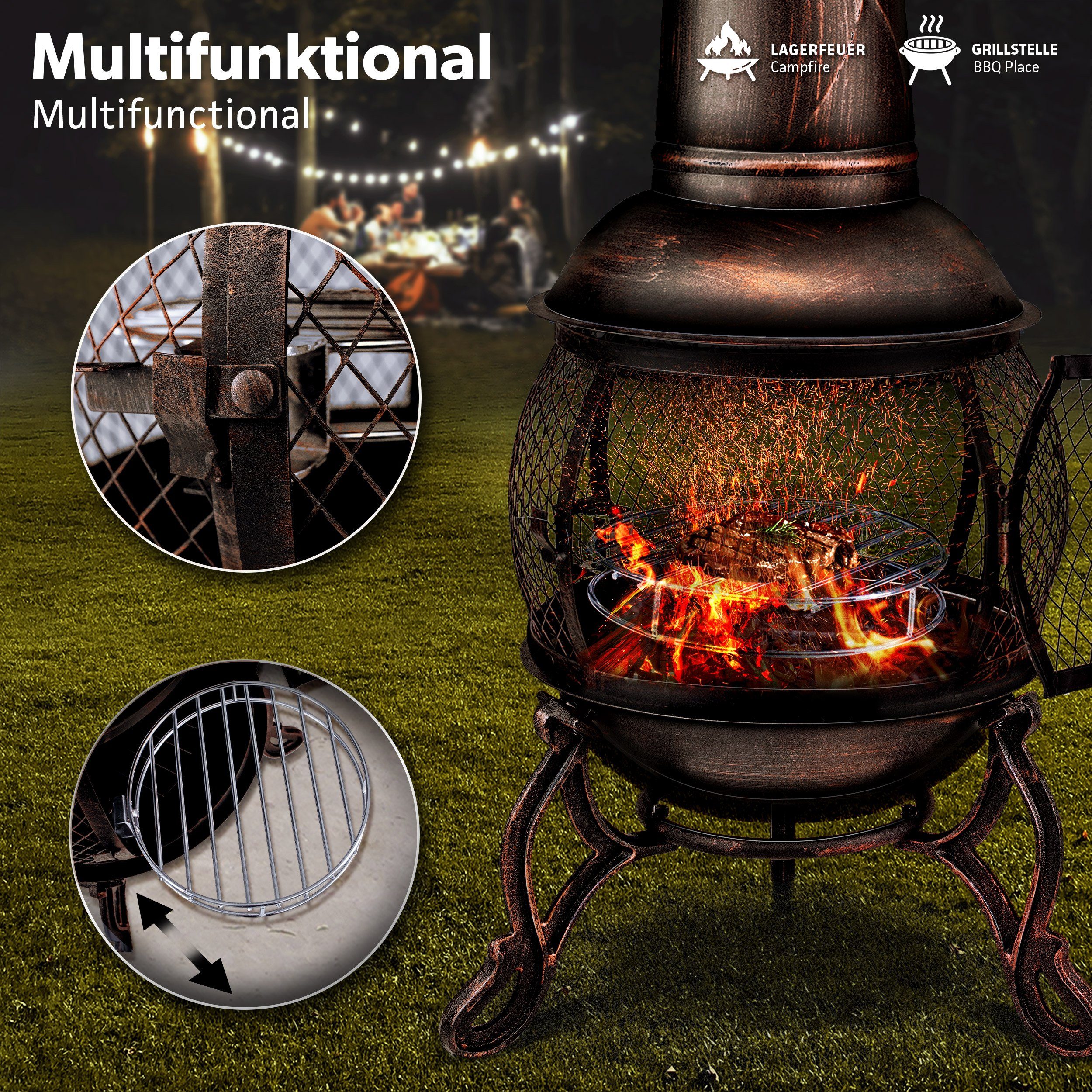 tillvex Feuerkorb Terrassenofen mit Funkenschutz & Zubehör, Gartenkamin mit Abdeckung, (Terrassenofen), Gartenofen Feuerstelle mit Grillfunktion & BBQ Grillrost