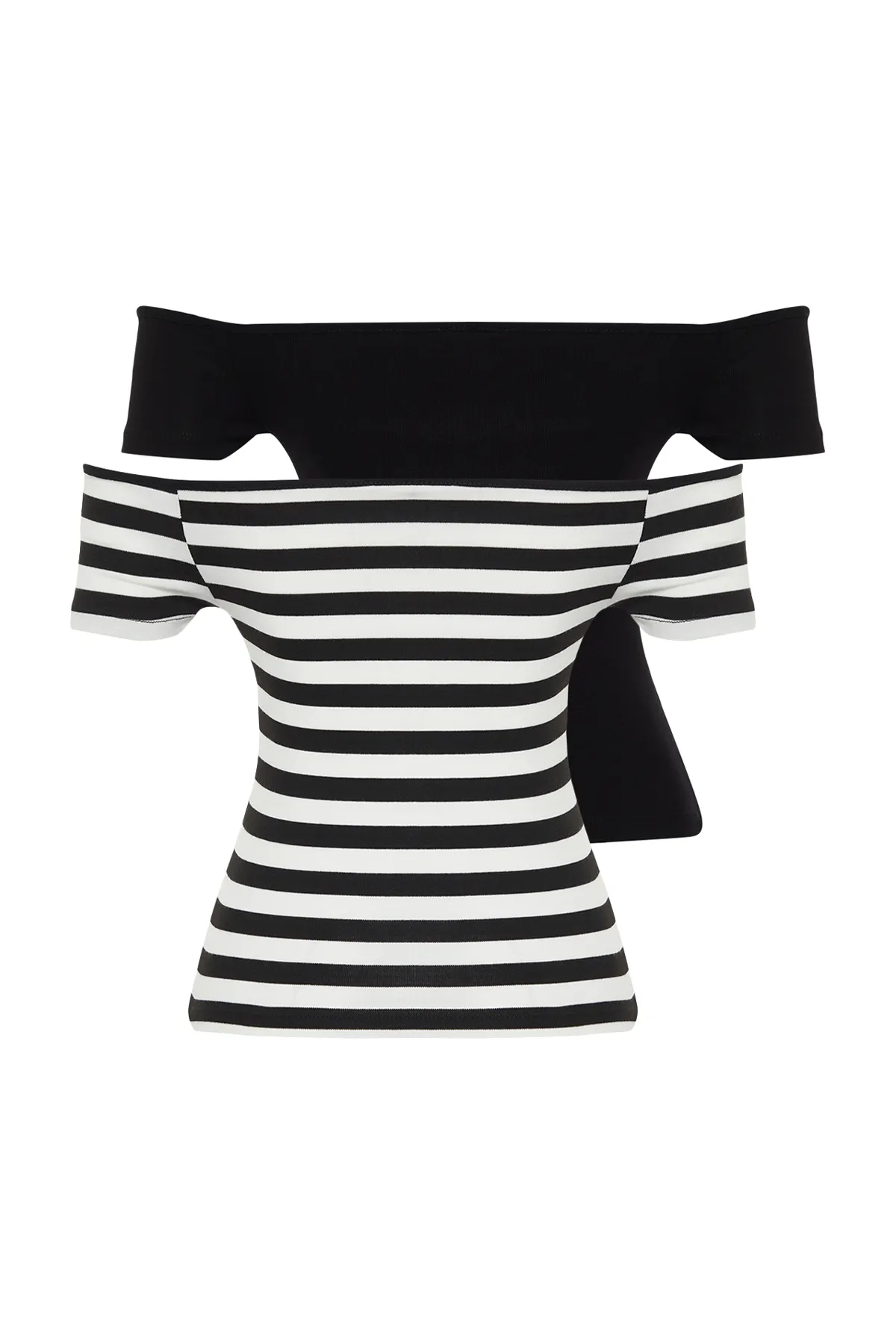 Trendyol Collection  2er-Pack schwarz-weiß gestreift-schwarze, schlichte, kurze, dehnbare Strickbluse mit Carmenkragen TWOSS24BZ00310
