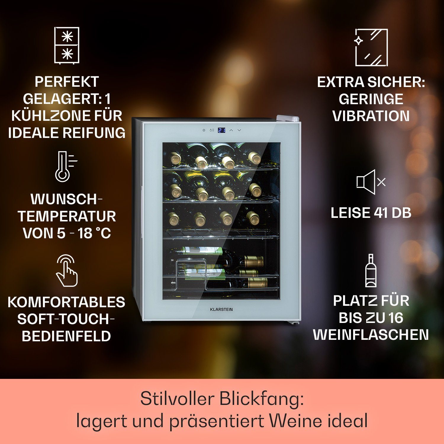Klarstein Weinkühlschrank Shiraz 16 Quartz, für 16 Standardflaschen á 0,75l,Wein Flaschenkühlschrank Weintemperierschrank Weinschrank Kühlschrank