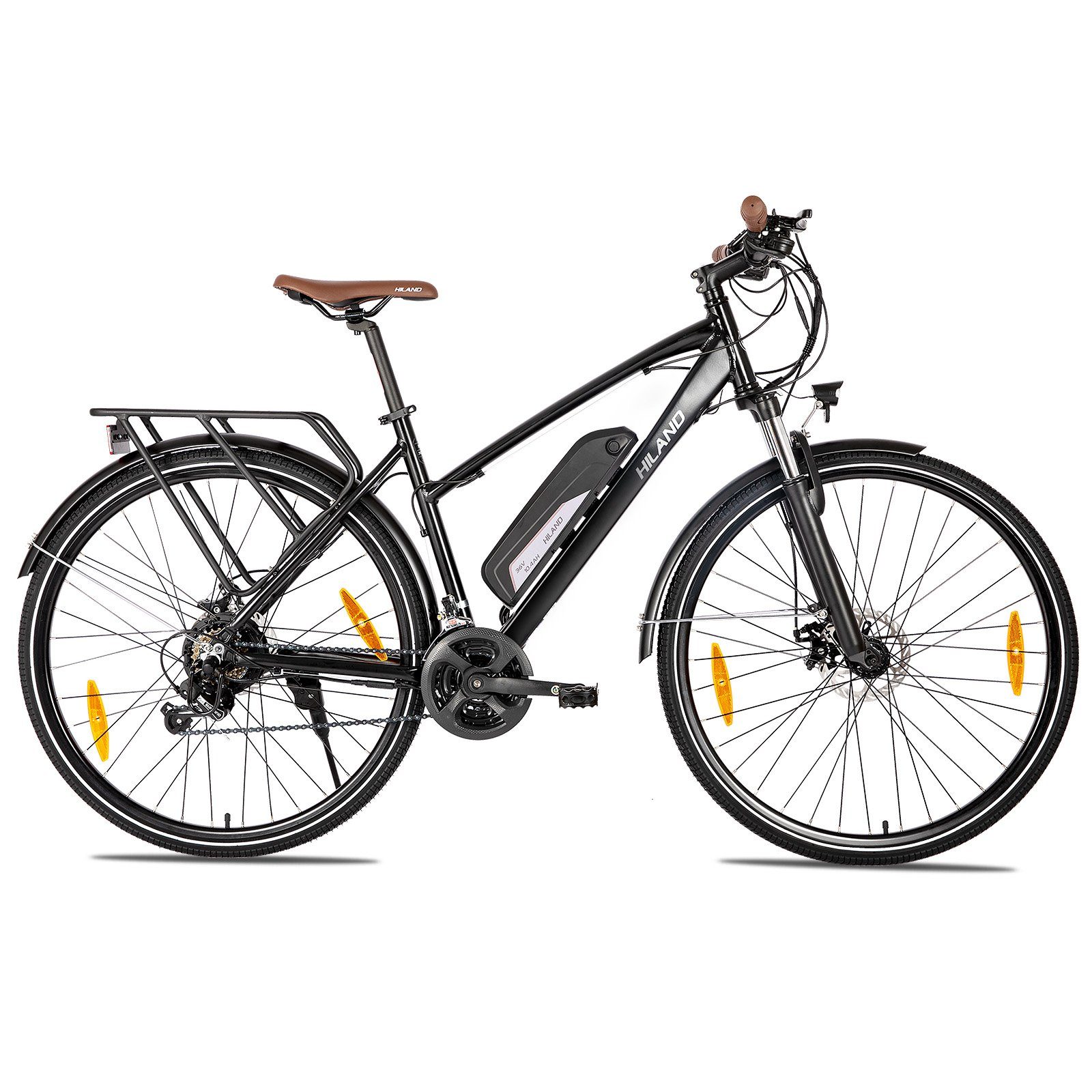 HILAND E-Bike 28 Zoll E-Trekking Herren Damen,mit LCD Display,36V/10.4Ah Akku, 7 Gang Shimano Tourney TZ500 7speed Schaltwerk, Kettenschaltung, Heckmotor, 374.4 Wh Akku, (Set, mit akku-ladegerat, mit werkzeung, mit beleuchtungsset), Elektrofahrrad Ci