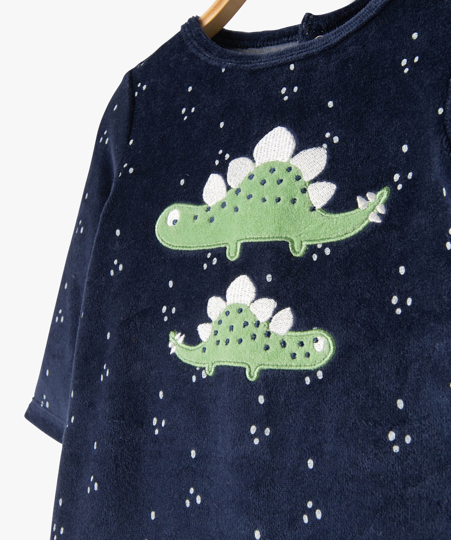 Pyjama bébé en velours imprimé dino avec ouverture pont-dos marine | GEMO
