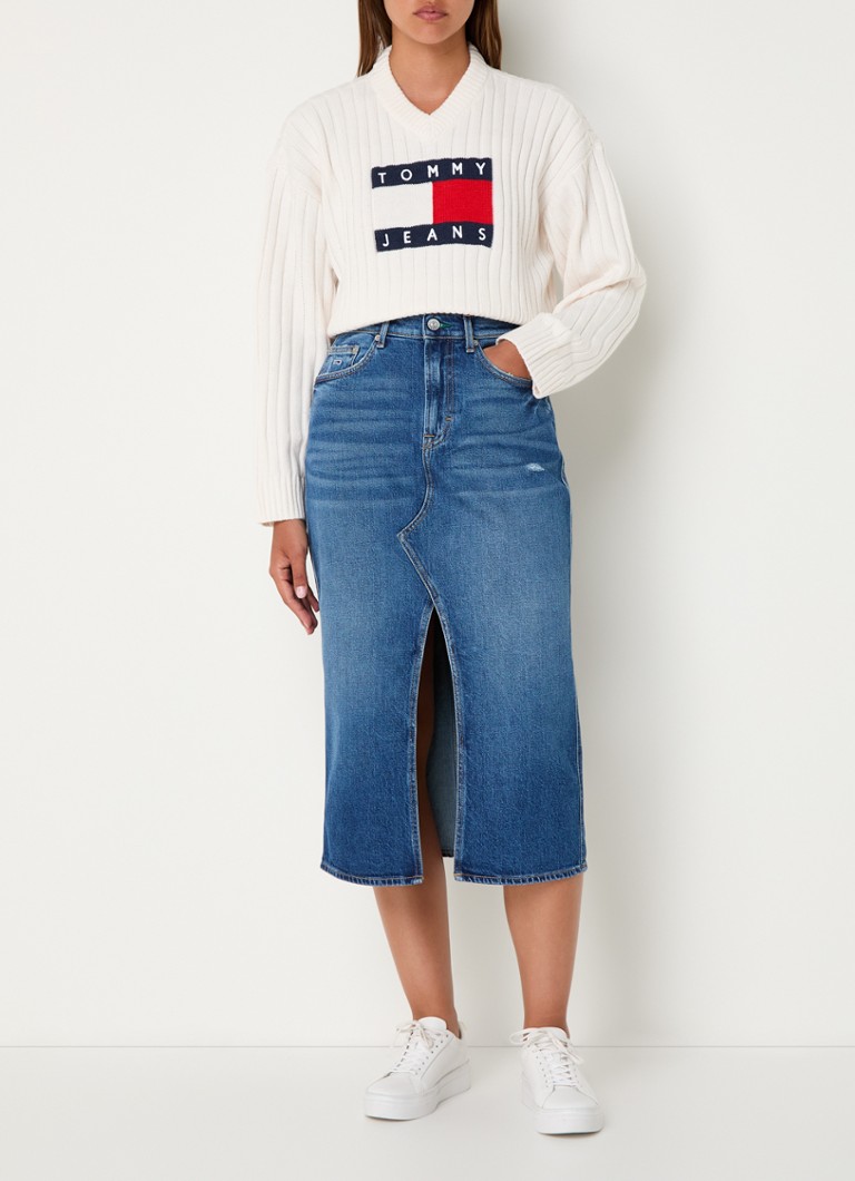 Fustă midi din denim Tommy Hilfiger Claire, cu crăpături și buzunare laterale.