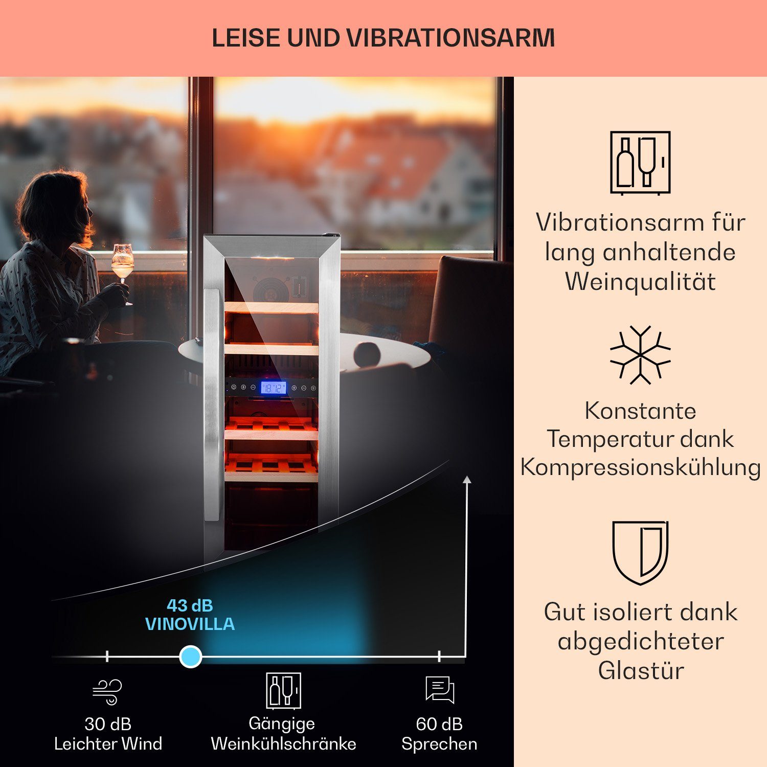 Klarstein Weinkühlschrank Vinovilla Duo 17, für 17 Standardflaschen á 0,75l,2 Zonen Wein Flaschenkühlschrank Weintemperierschrank Weinschrank