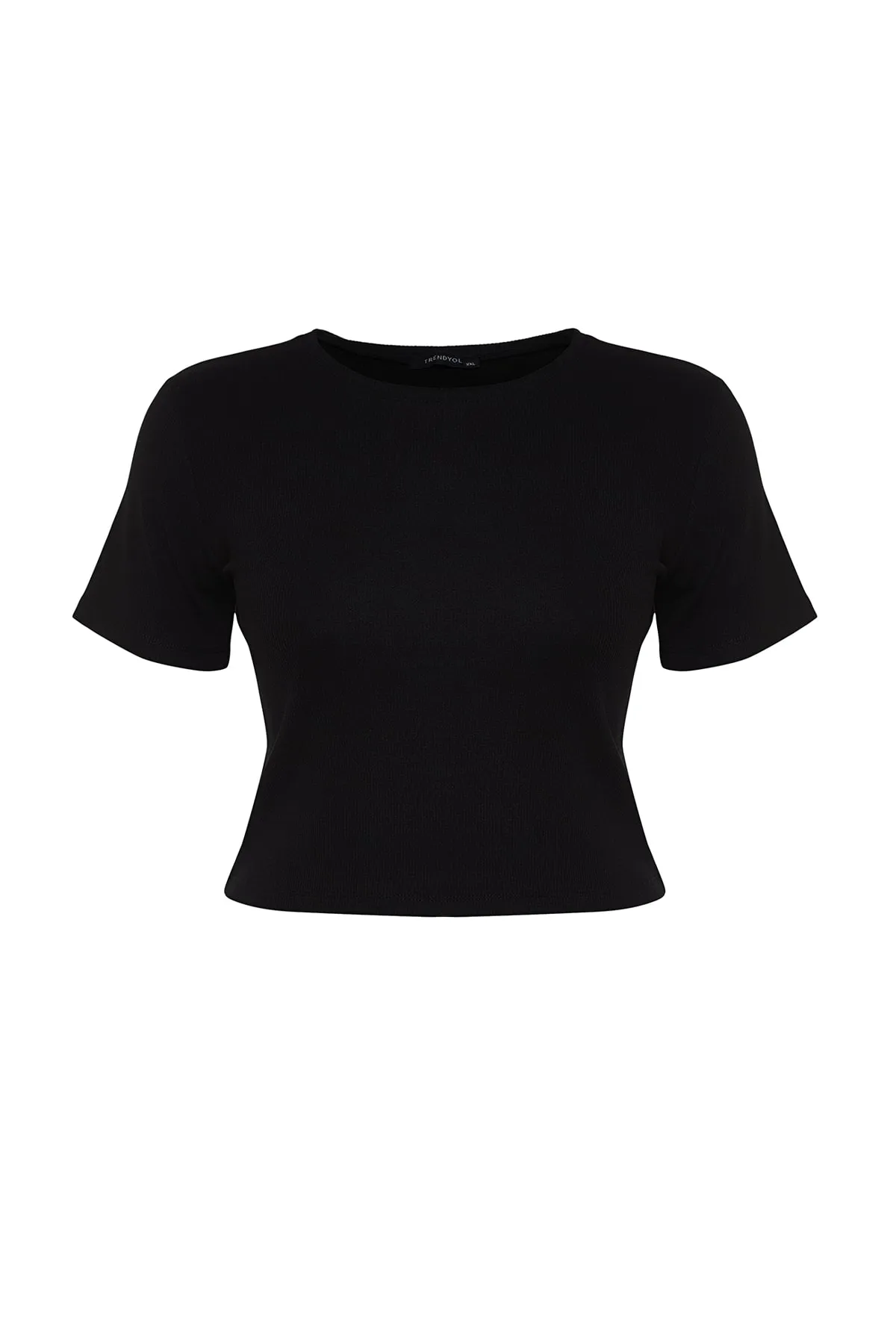 Trendyol Curve  Schwarzes, kurz geschnittenes Strick-T-Shirt mit Rundhalsausschnitt TBSSS22TS2107