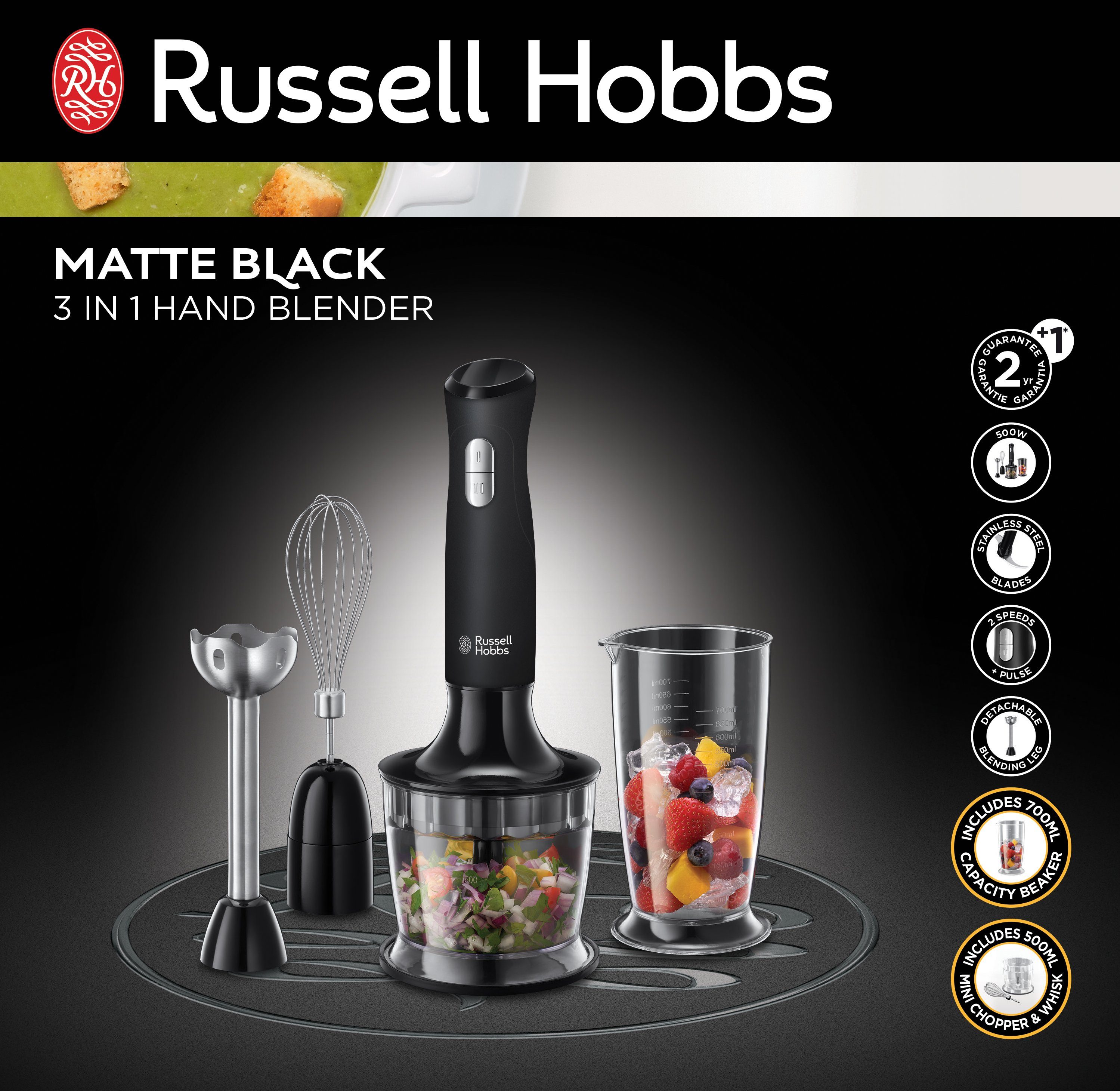 RUSSELL HOBBS Stabmixer 3-in-1, Matte Black 24702-56, 500 W, Mixen, Pürieren, Zerkleinern und Verquirlen