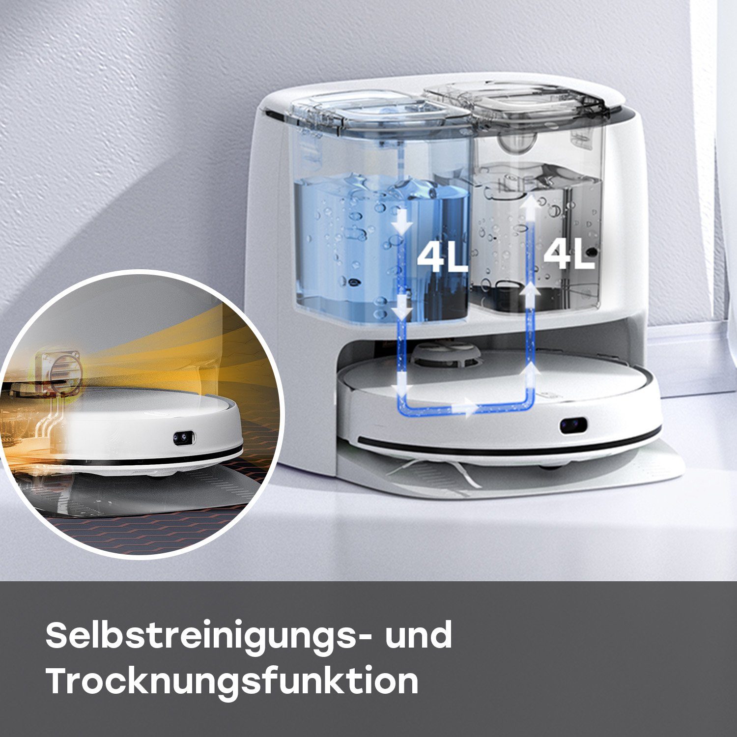 ZACO Nass-Trocken-Saugroboter ZACO M1S, 50 W, beutellos, Waschstation reinigt das Wischtuch alle 10m² mit sterilem Wasser, App