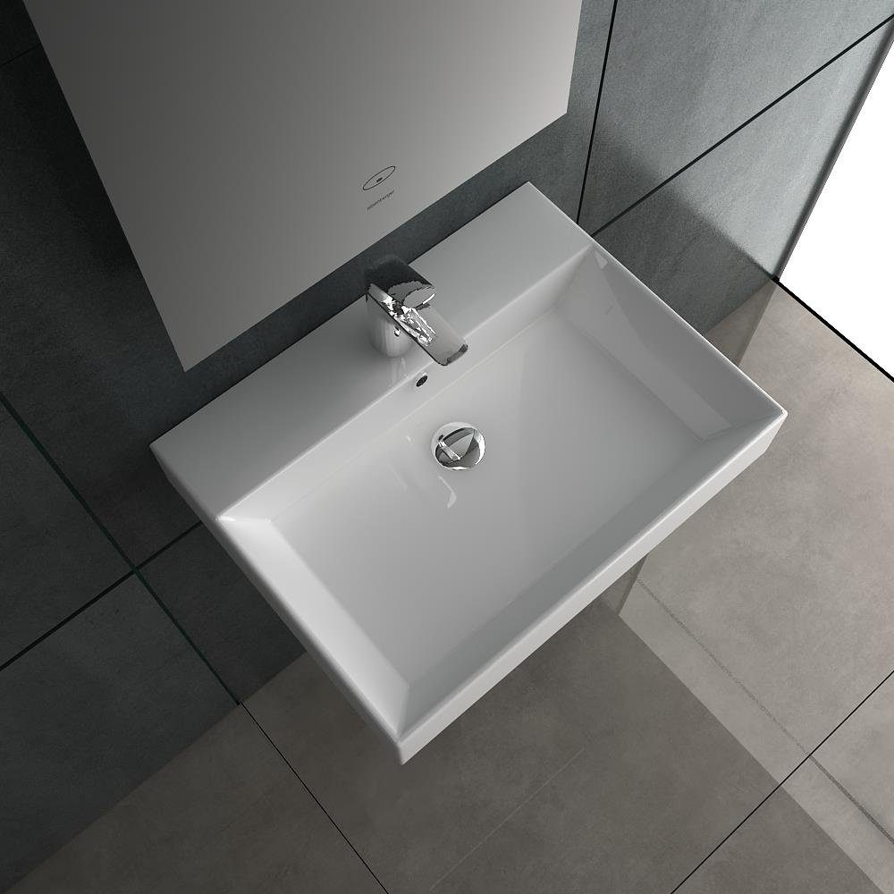 Alpenberger Aufsatzwaschbecken Keramik Handwaschbecken - Waschbecken Eckig 60 cm (1-tlg., 1-St., Badwaschbecken), Waschtisch als Hängewaschbecken geeignet, mit Überlaufschutz