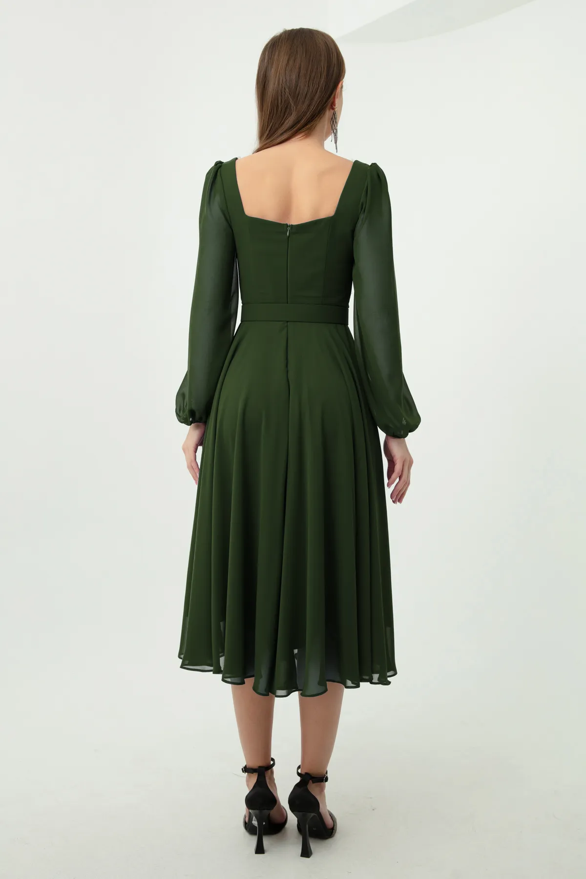 Lafaba  Khakifarbenes Abendkleid aus Midi-Chiffon mit quadratischem Kragen und Gürtel für Damen