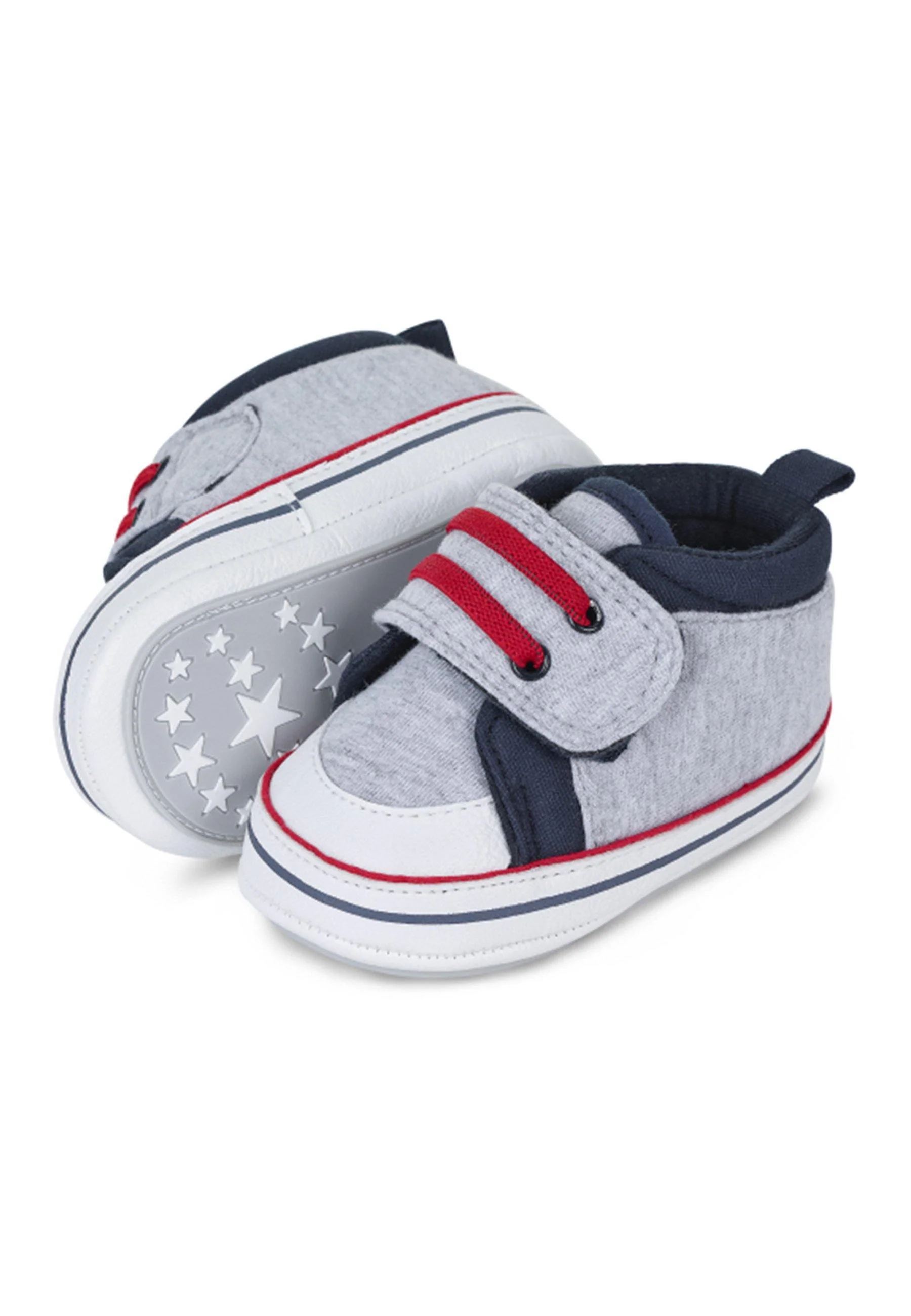 Babyschuh aus Baumwollstoff in Silber mit Paspel