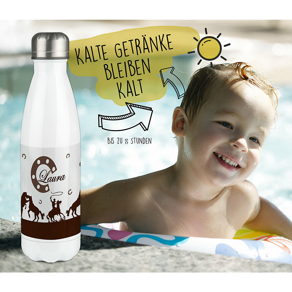 Edelstahl Kinder Thermoflasche / Trinkflasche bunt Cowboy Pferde Farbe braun Spülmaschinenfest, Auslaufsicher, Bruchfest, Doppelwandig, Für Heißgetränke geeignet, Mit Deckel, Isoliert