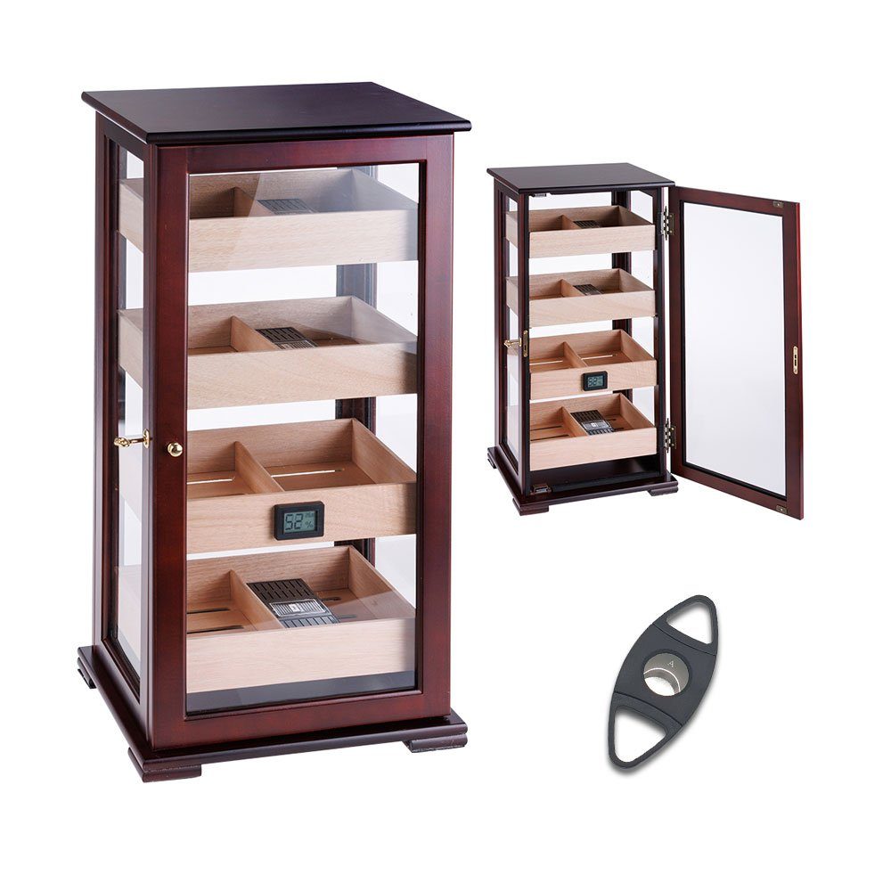 Coumo Humidor Schrank Kabinett, Abschließbar, Rotbraun, Glastüre, 100 Zigarren