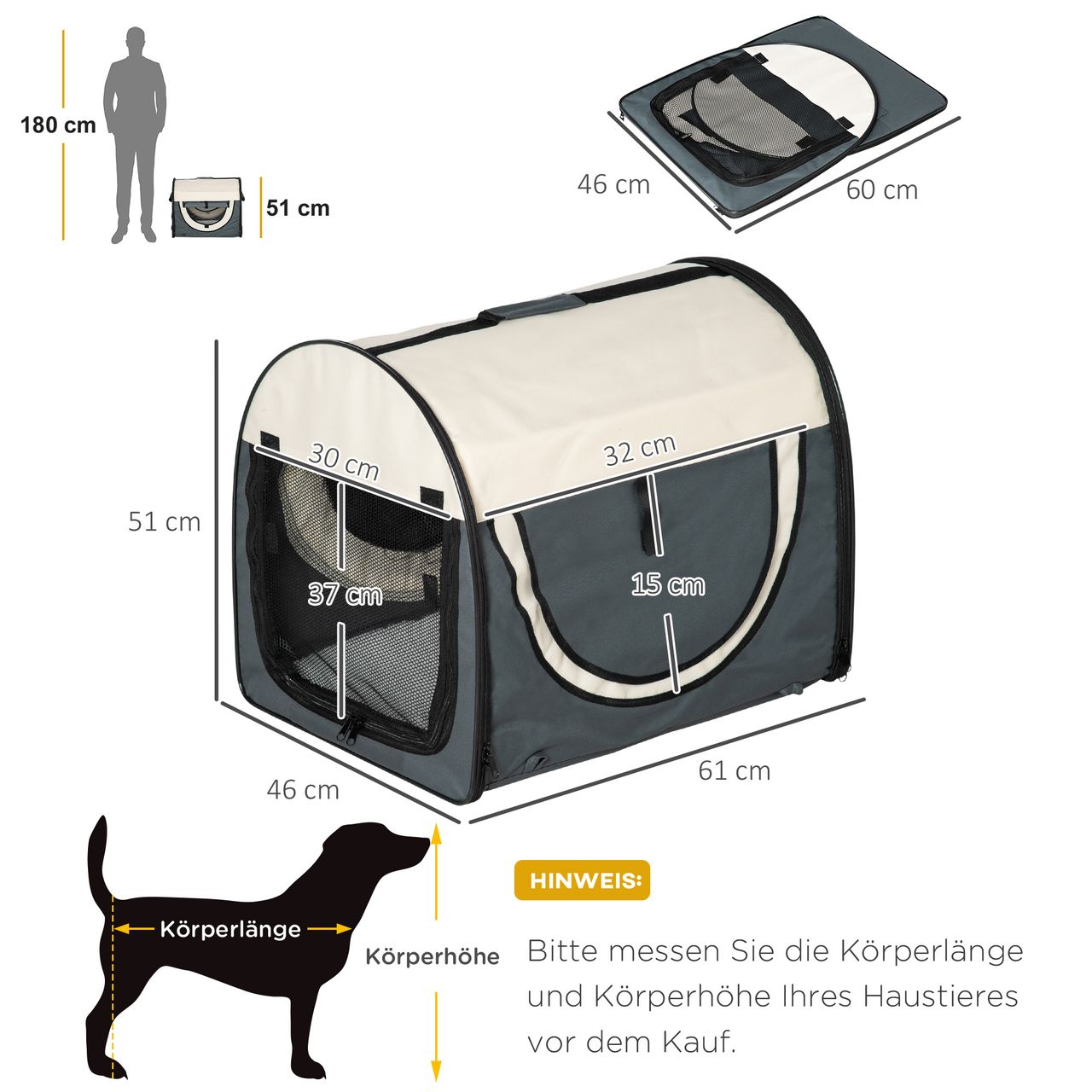 PawHut Hundebox Haustierrucksack mit Kissen faltbar Dunkelgrau 61 x 46 x 51 cm