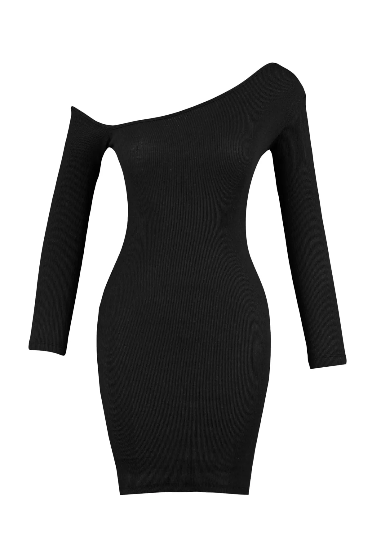 Trendyol Collection  Schwarzes, figurbetontes, schulterfreies Mini-Bleistiftkleid aus flexiblem Strick mit asymmetrischem Kragen und geripptem Saum TWOAW23EL00118