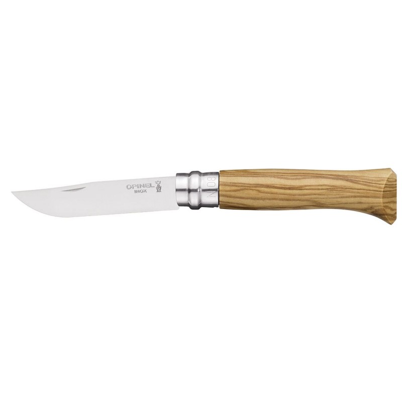 Opinel Messer Nr. 8 Inox mit Olivenholzgriff, Scheide und Holzkiste.
