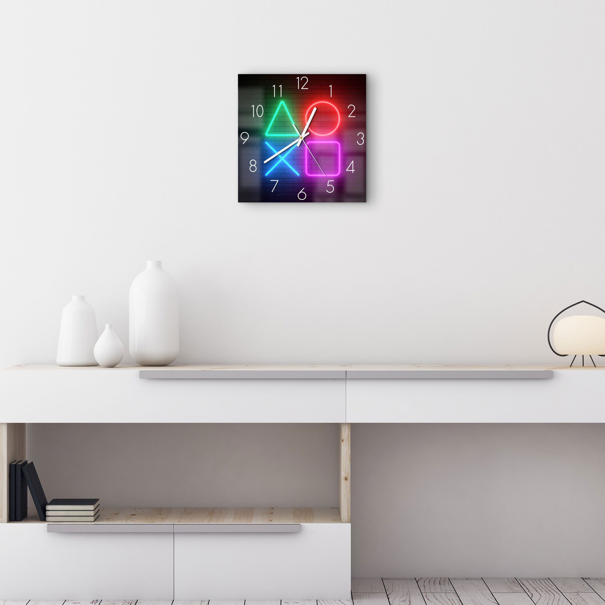 DEQORI Wanduhr 'Playstation Elemente' (Glas Glasuhr modern Wand Uhr Design Küchenuhr)