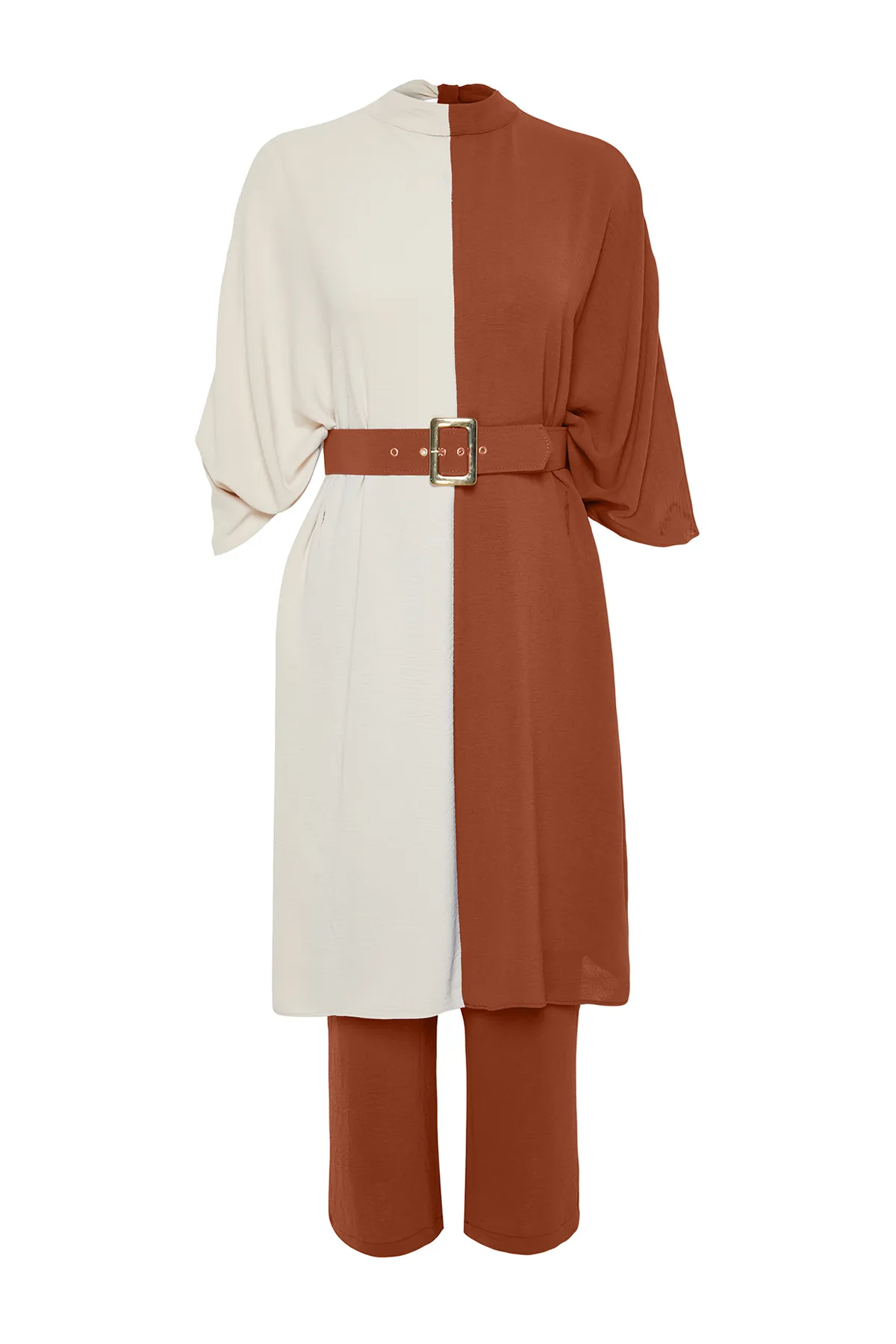 Trendyol Modest  Zimtfarbener, gewebter Tunika-Hosenanzug mit Taillengürtel und Blockfarben TCTSS23US00046