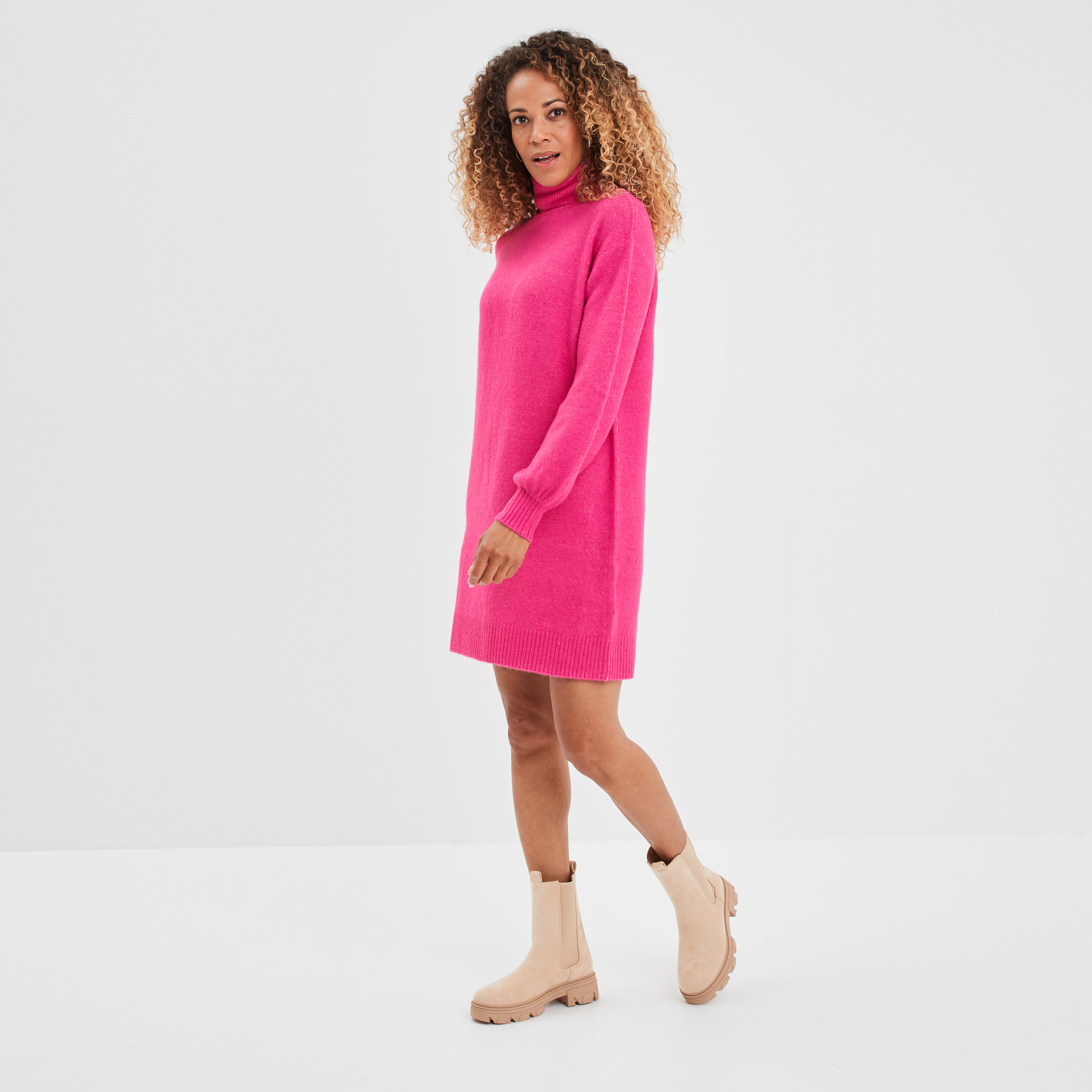 Robe pull col roulé courte droite rose fushia femme | La Halle