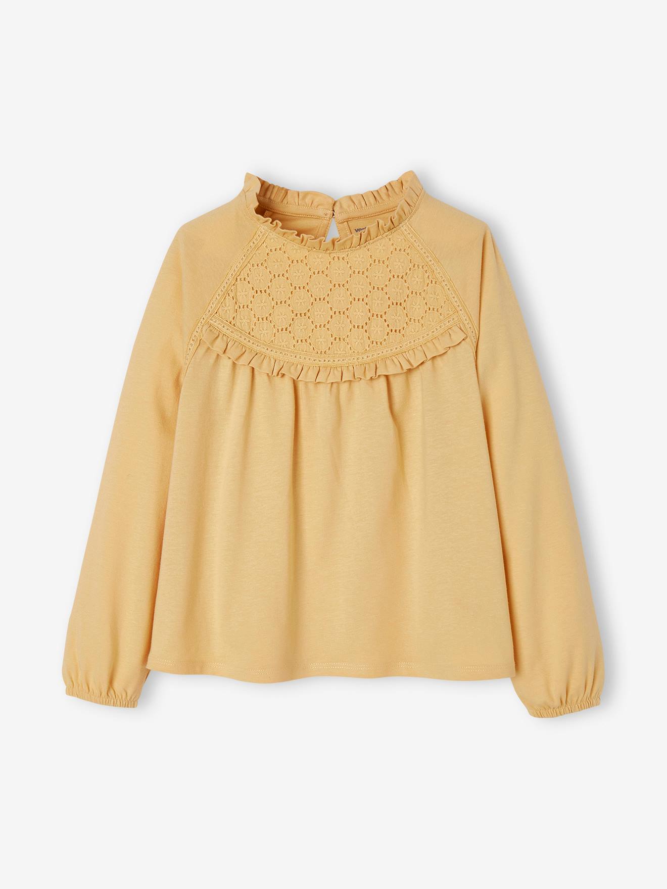 Tee-shirt blouse détail en broderie anglaise fille rose poudré