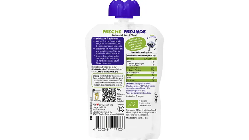 Freche Freunde Bio Quetschie  Apfel, Blaubeere, Johannisbeere & Brombeere 100 g