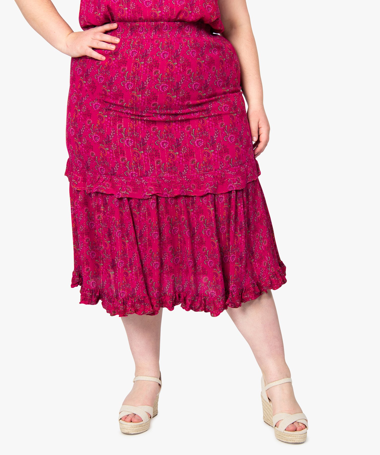 Jupe femme grande taille à motifs fleuris et rayures paille... rose | GEMO