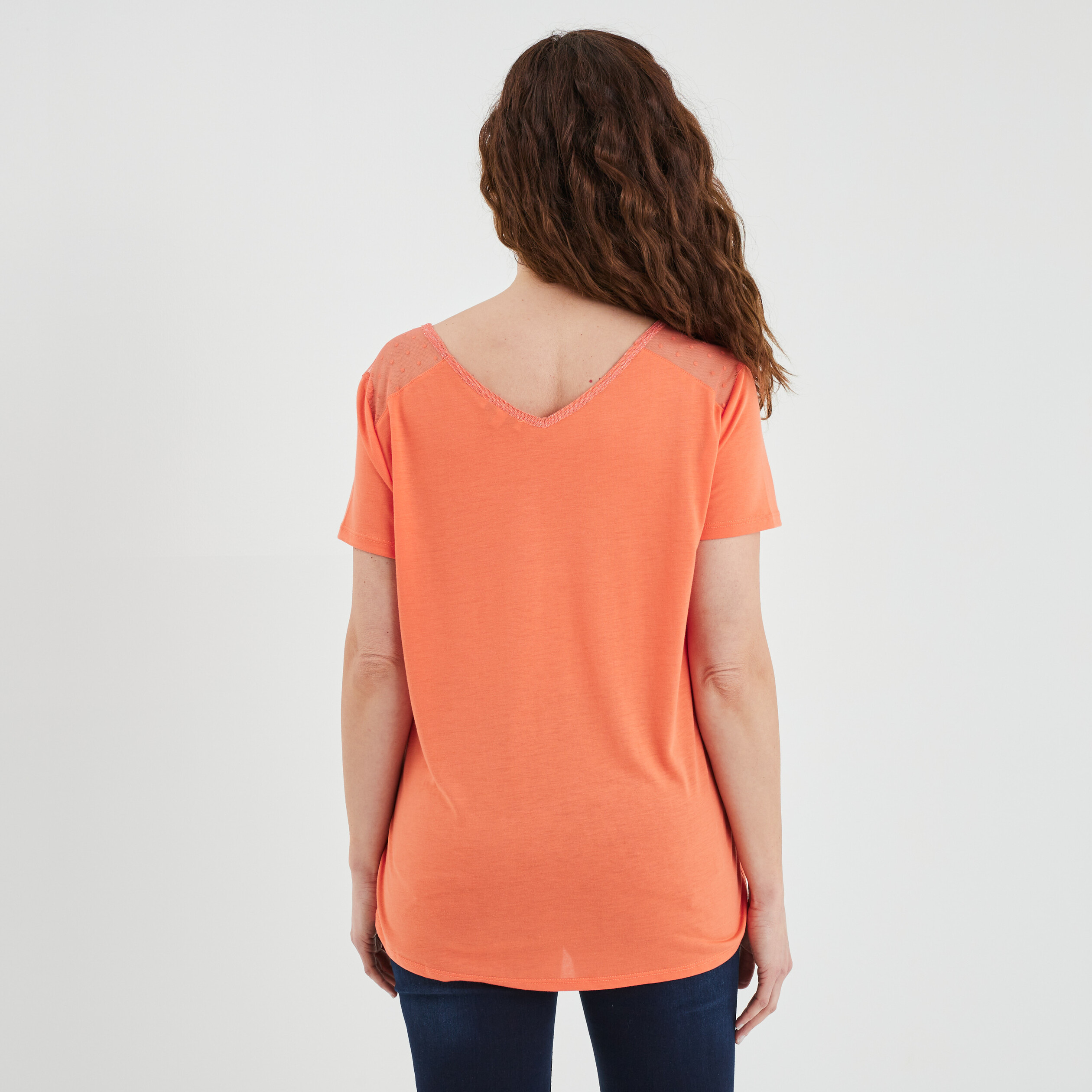 T-shirt manches courtes à col en V orange corail femme | La Halle