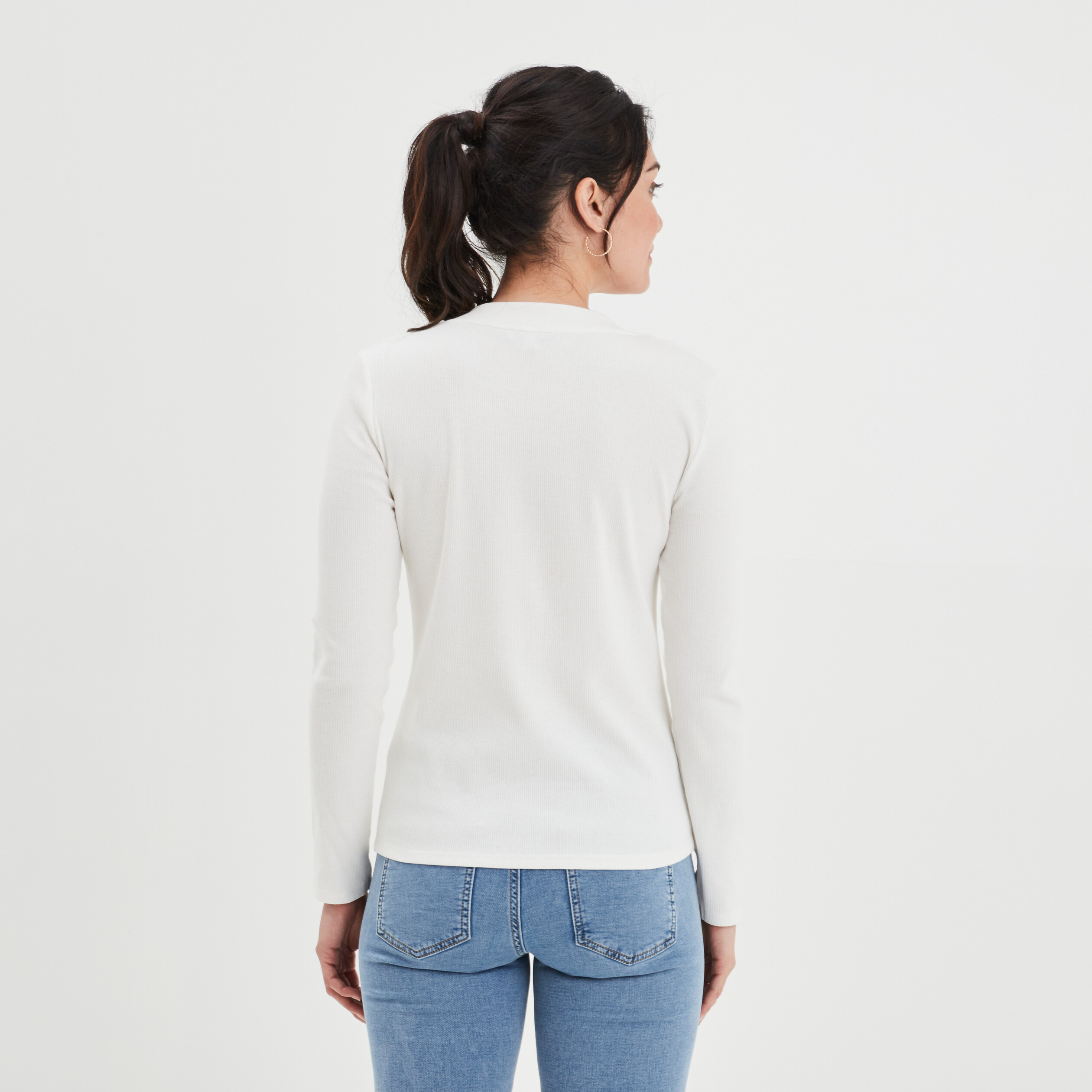 T-shirt côtelé col tunisien Creeks blanc femme | La Halle