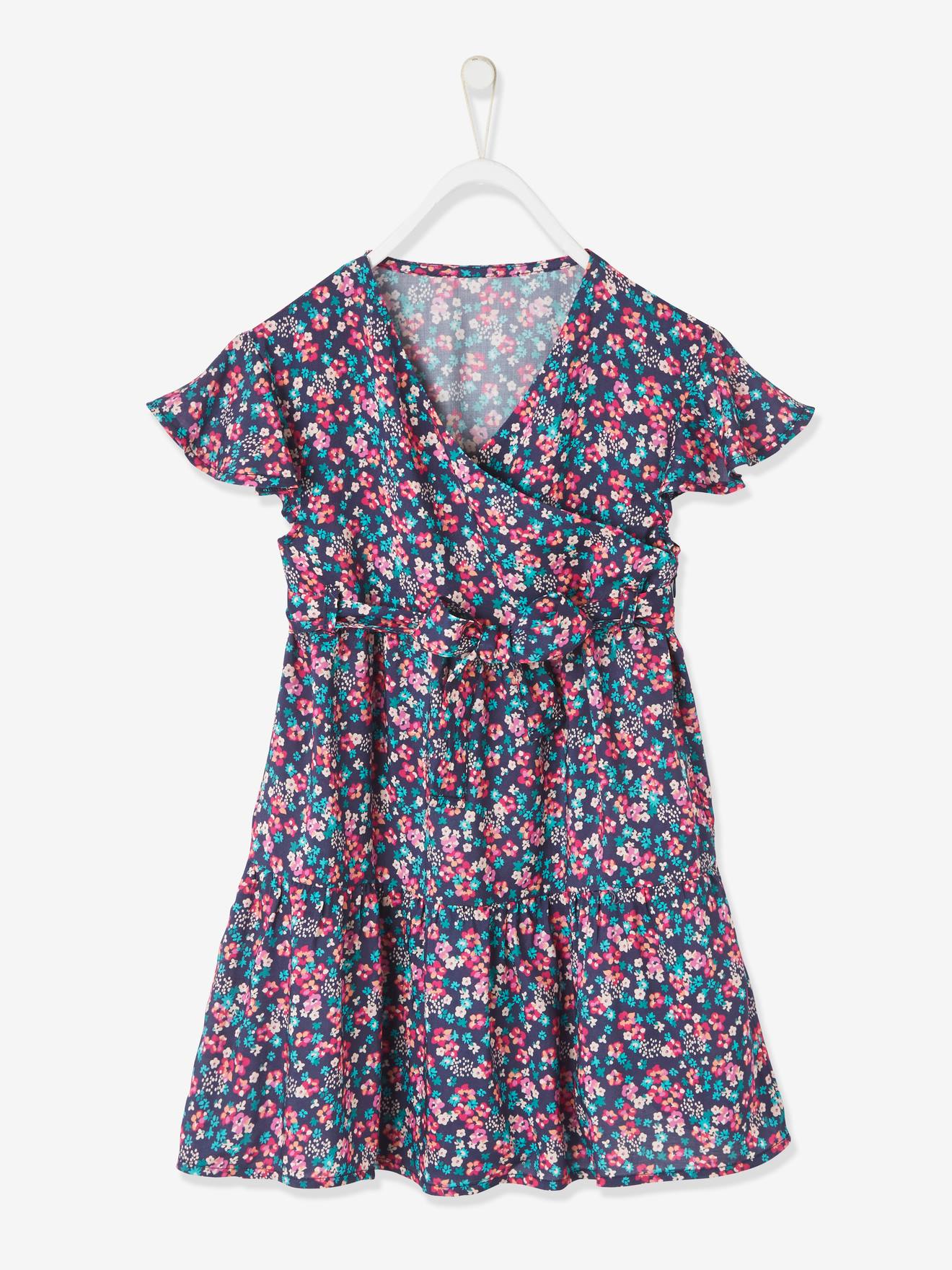Robe effet portefeuille fille bleu imprimé fleurs