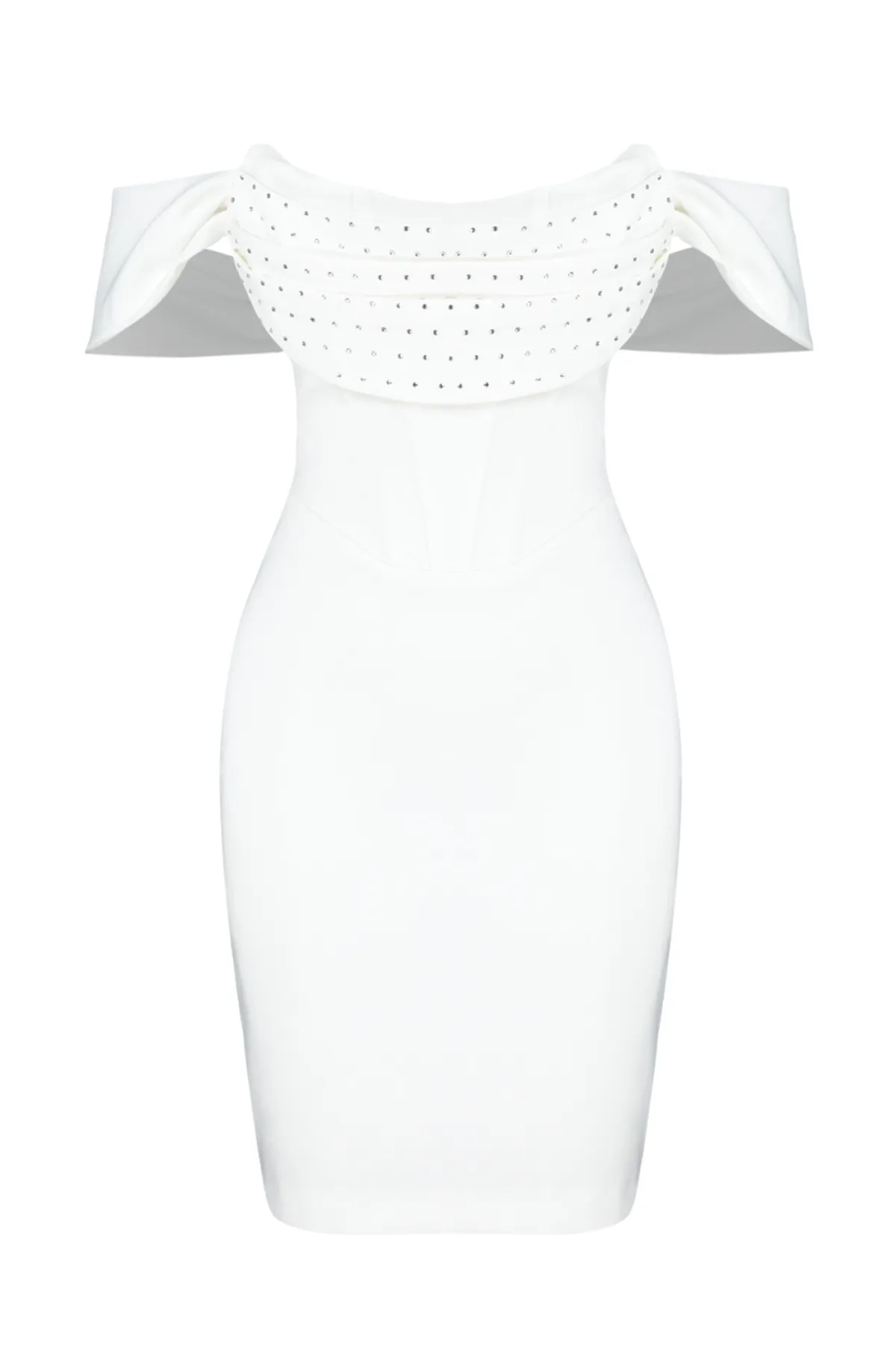 Trendyol Collection  Weißes, figurbetontes, gewebtes, gefüttertes, glänzendes, juwelenbesetztes Hochzeits-/Nikah-Elegantes Abendkleid TPRSS24EL00109