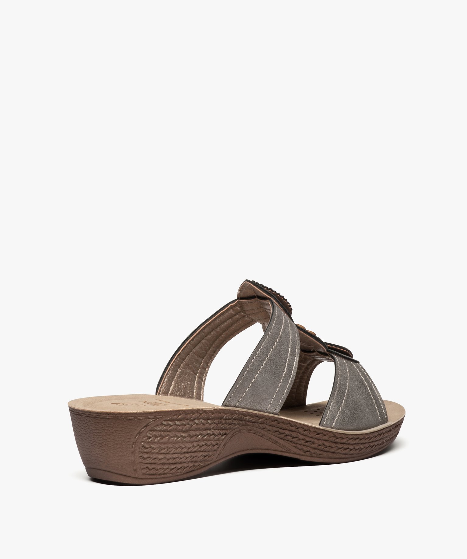 Mules femme confort à talon compensé et brides fantaisie gris | GEMO