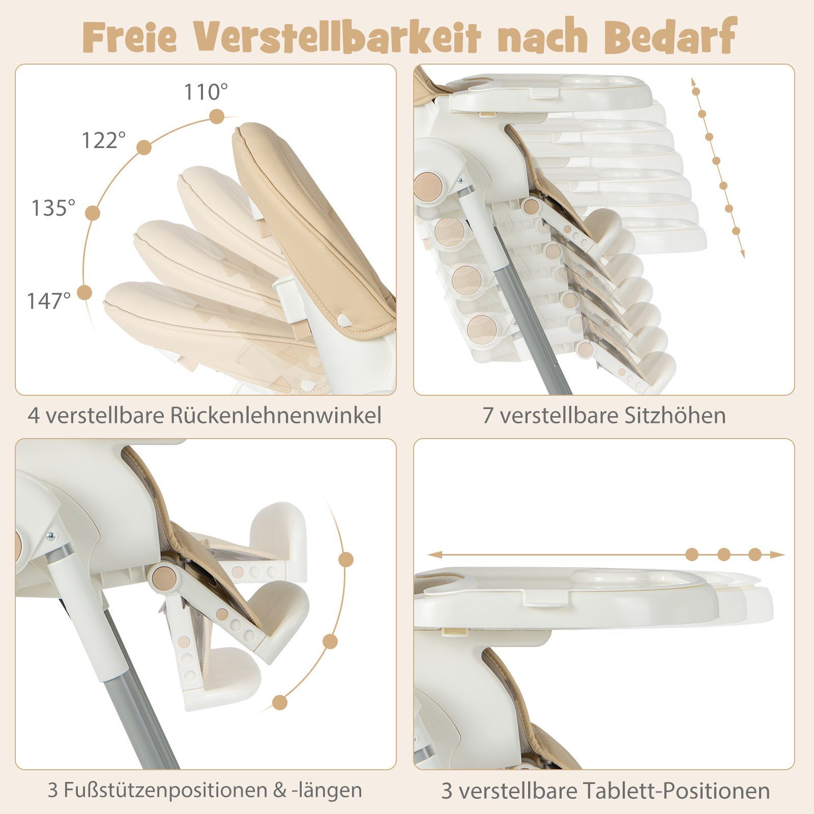 COSTWAY Hochstuhl Babystuhl, klappbar, 7 Höhen und 4-Fach verstellbar