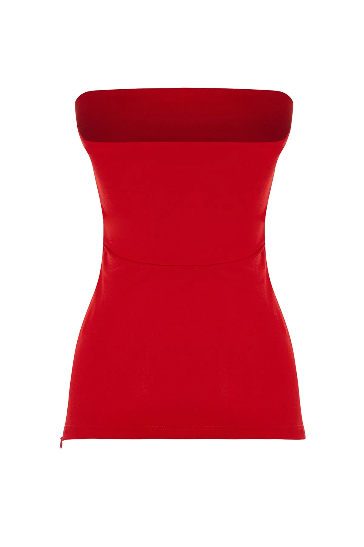 Trendyol Collection  Rote Krepp-Strickbluse mit trägerlosem Kragen und seitlichem Reißverschluss TWOSS23BZ00928