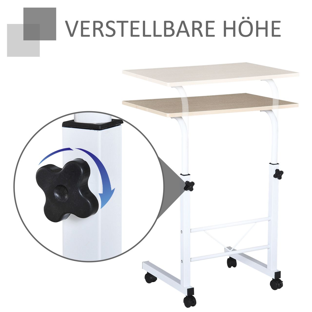 HOMCOM Beistelltisch höhenverstellbarer Couchtisch mobiler Endschreibtisch mit Rädern Feststellbremsen C-Tische Spanplatte Stahl Eisen Kunststoff Weiße Ahornfarbe 60 x 40 x 68-78 cm