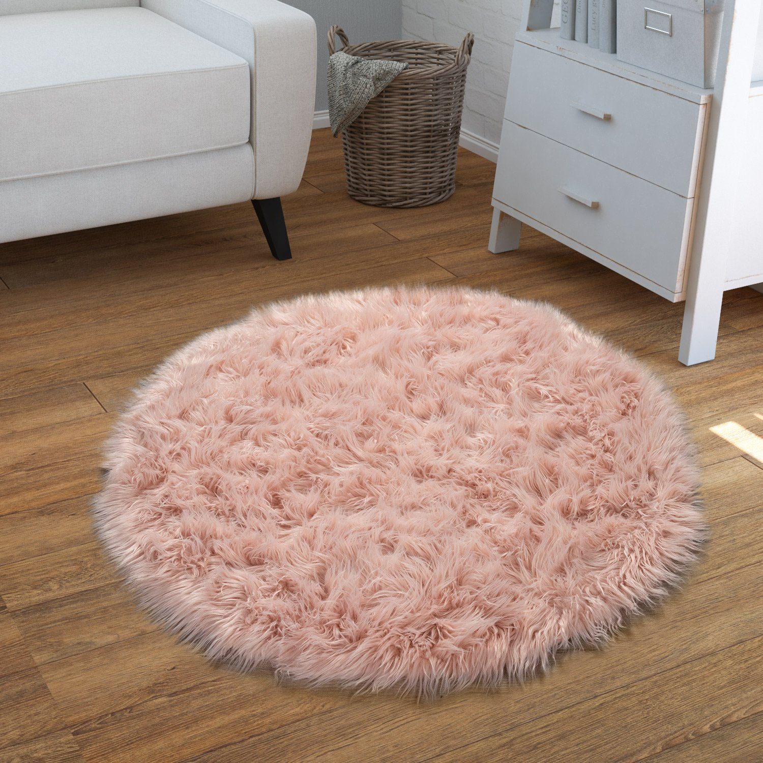 Fellteppich Wohnzimmer Hochflor Teppich Kunst-Fell Design, TT Home, rund, Höhe: 64 mm
