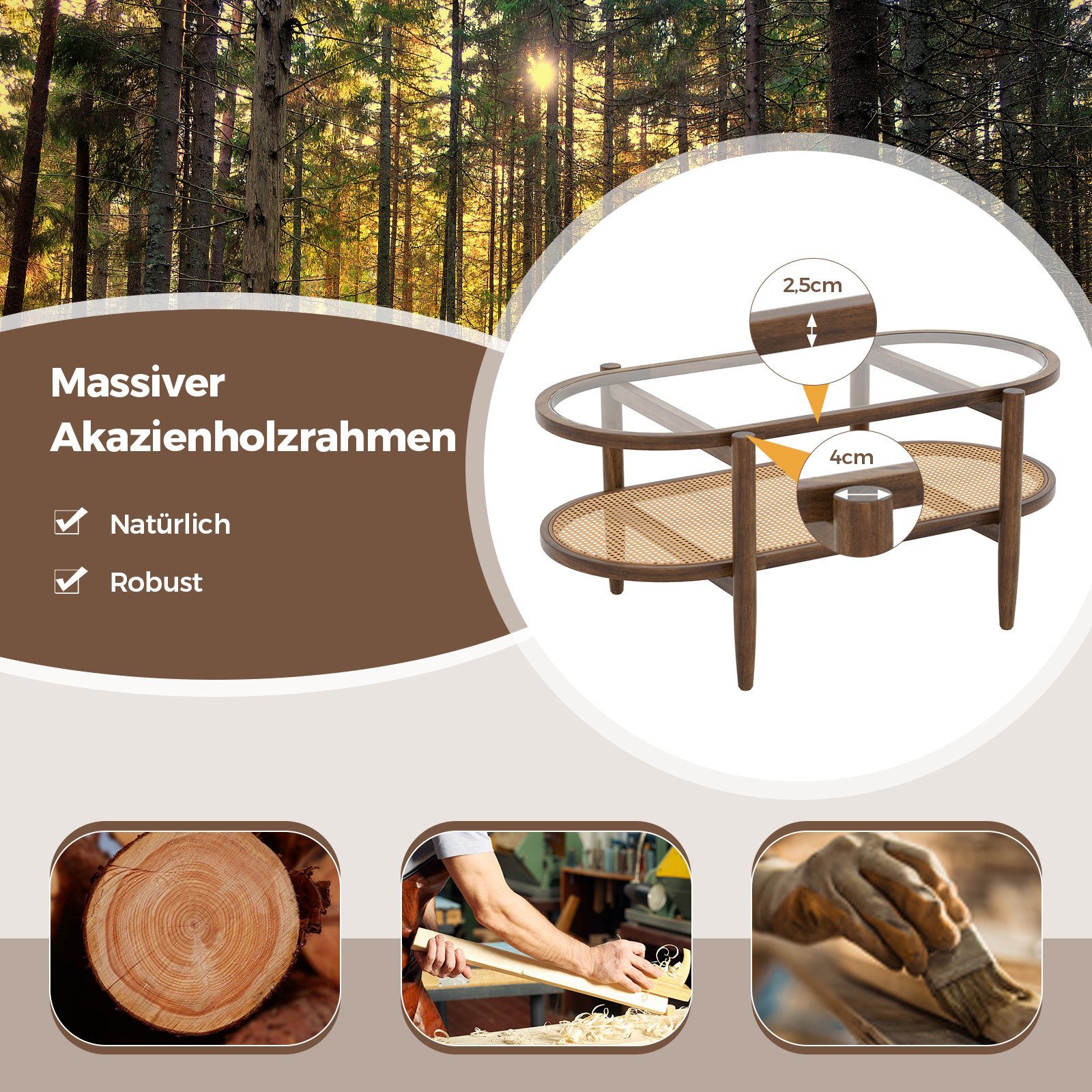 COSTWAY Couchtisch, mit Stauraum, aus Glas, Rattan & Massivholz, 102x56x47cm