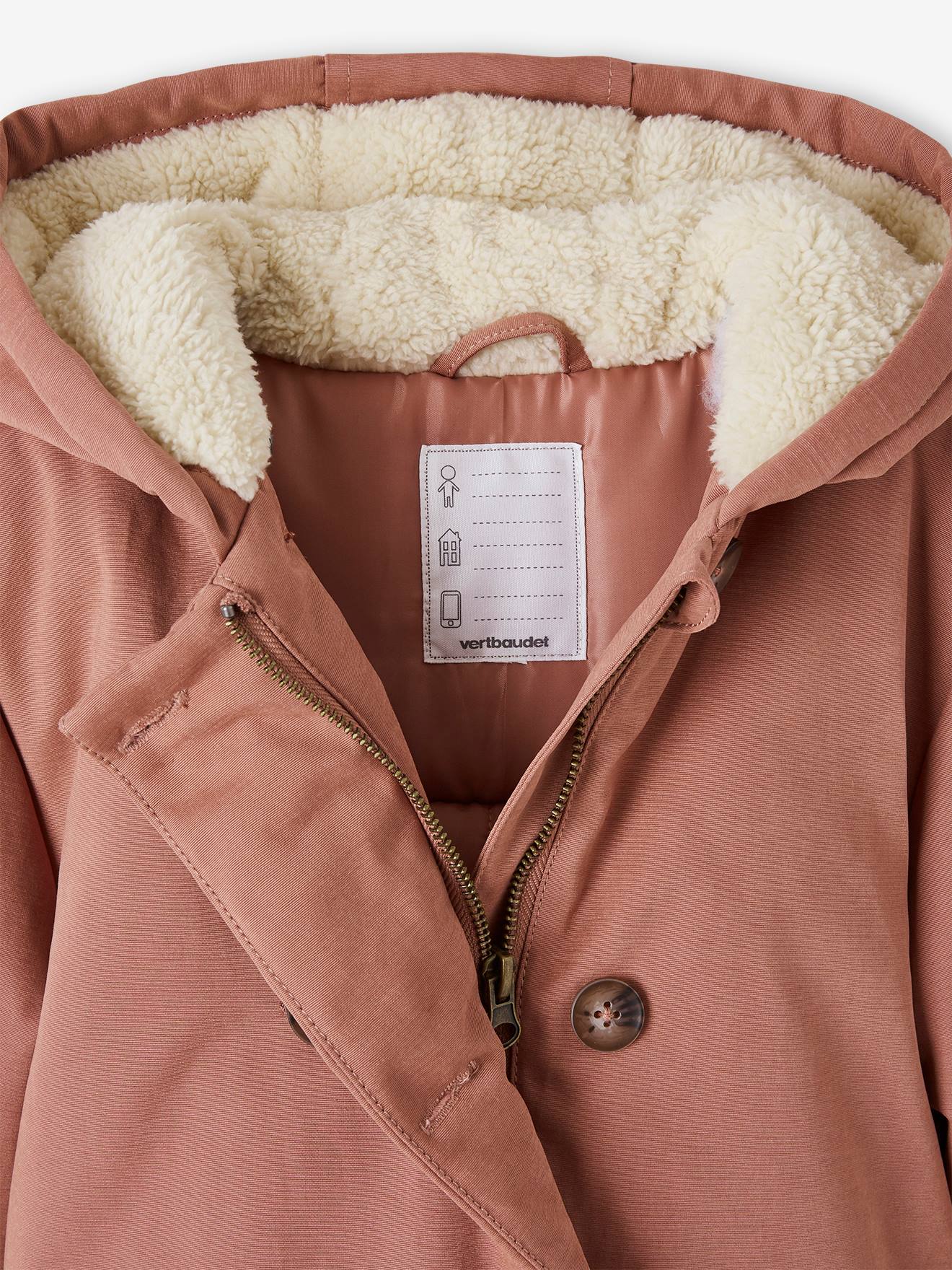 Parka à capuche chic effet peau de pêche fille bois de rose
