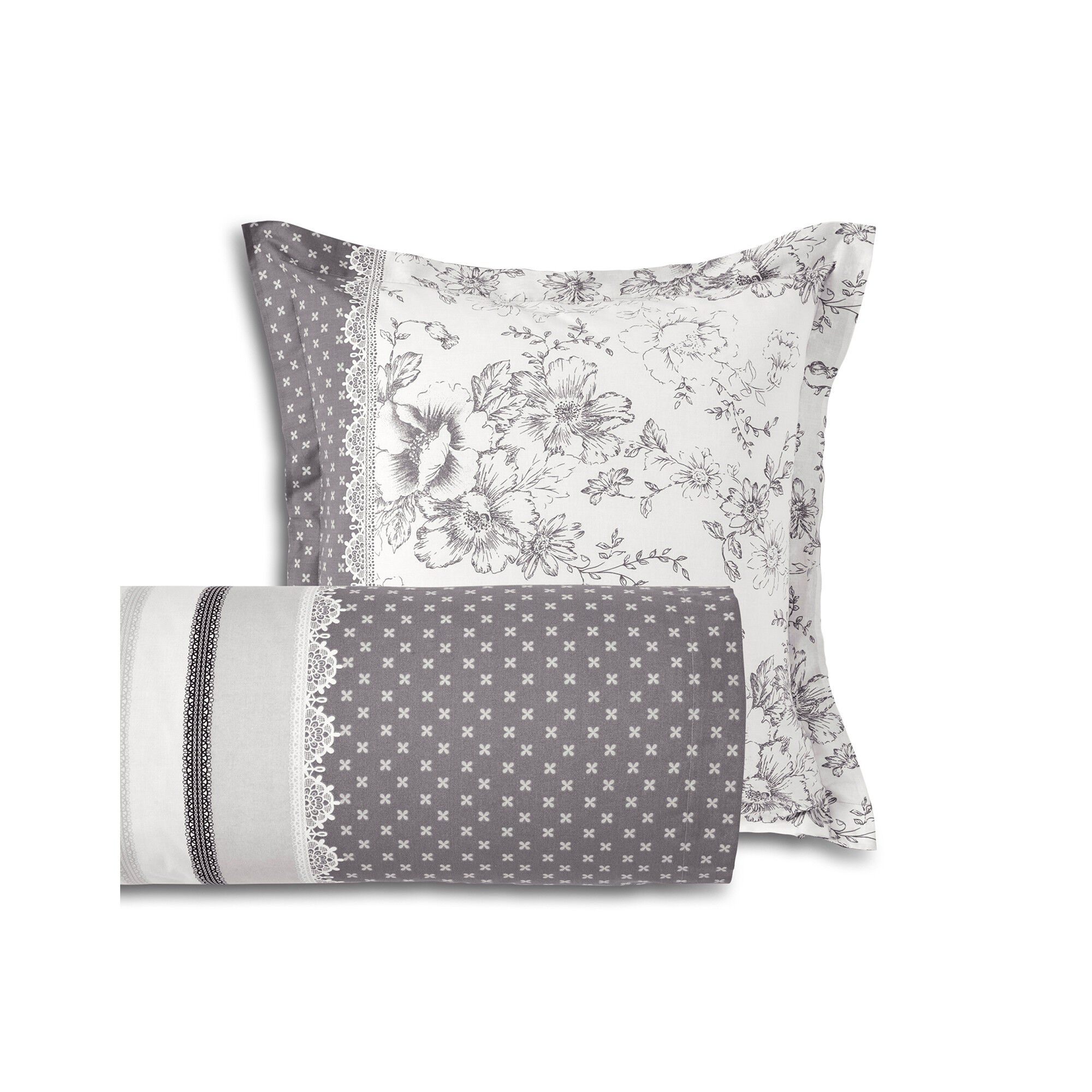 Linge de lit Gabrielle en flanelle imprimé fleurs et dentelle