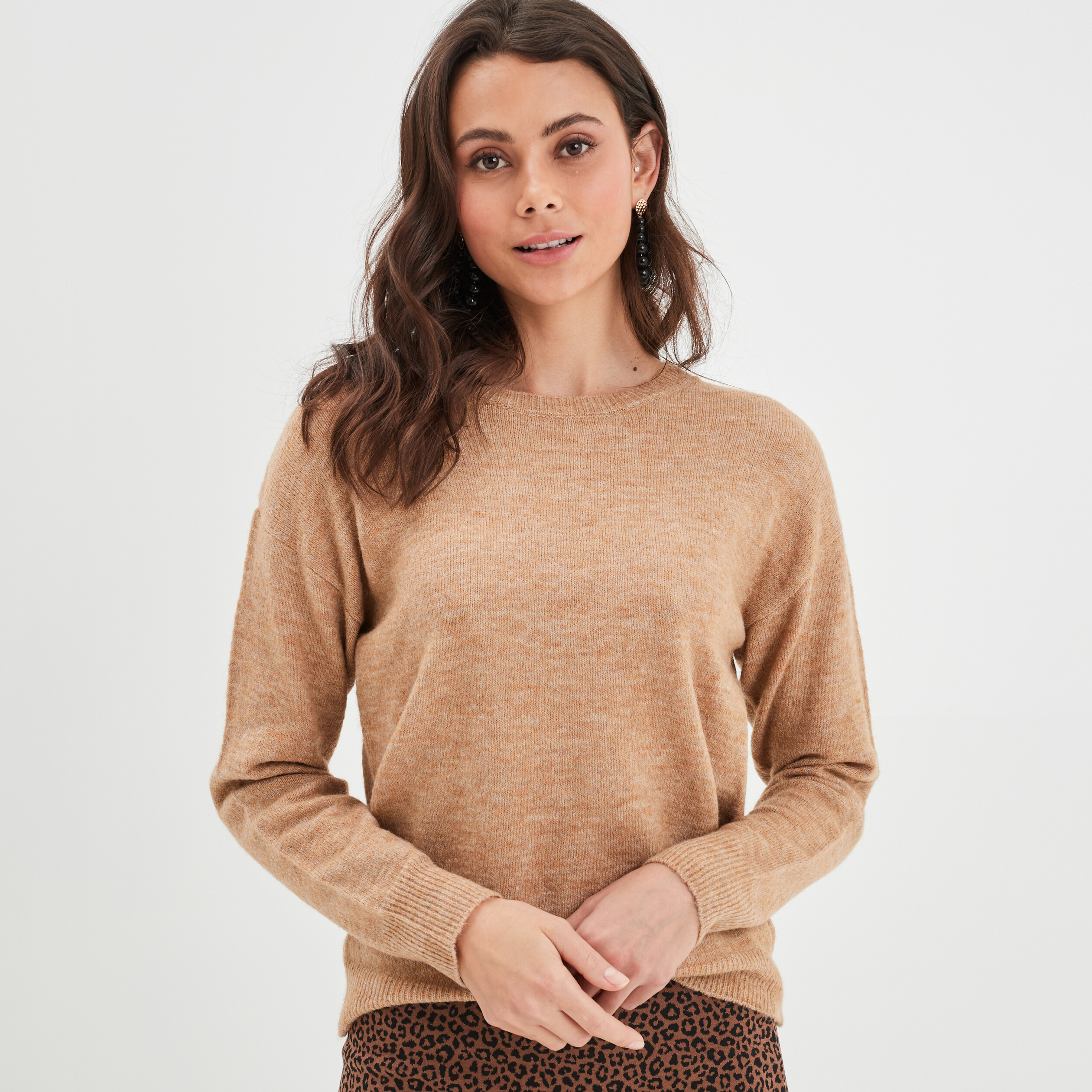 Pull col rond manches longues marron clair femme | La Halle