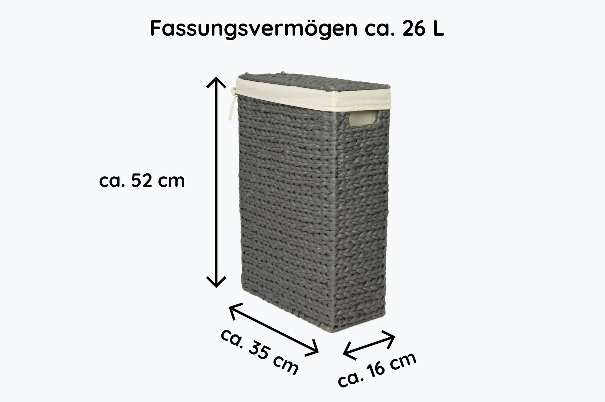 animal-design Wäschekorb, Nischen-Wäschekorb ca. 26 L Wäschesammler Wäschebox Wasserhyazinthe Nischenkorb grau mit Stoffeinsatz Gr.1
